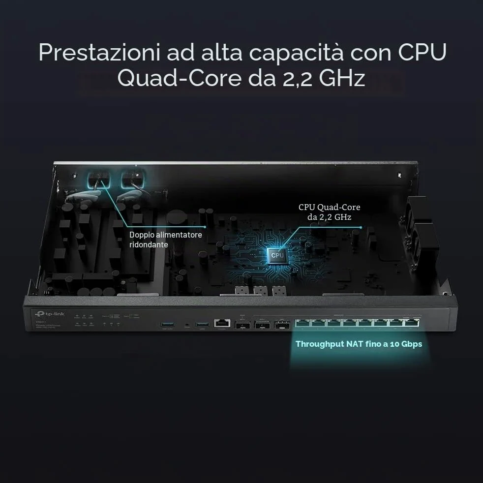 TP-Link ER8411 | Router VPN 10G cablato aziendale | Fino a 10 porte WAN | Elevata capacità di rete | SPI Firewall | Supporto Omada SDN | Bilanciamento del carico | Protezione contro i fulmini | 5 anni