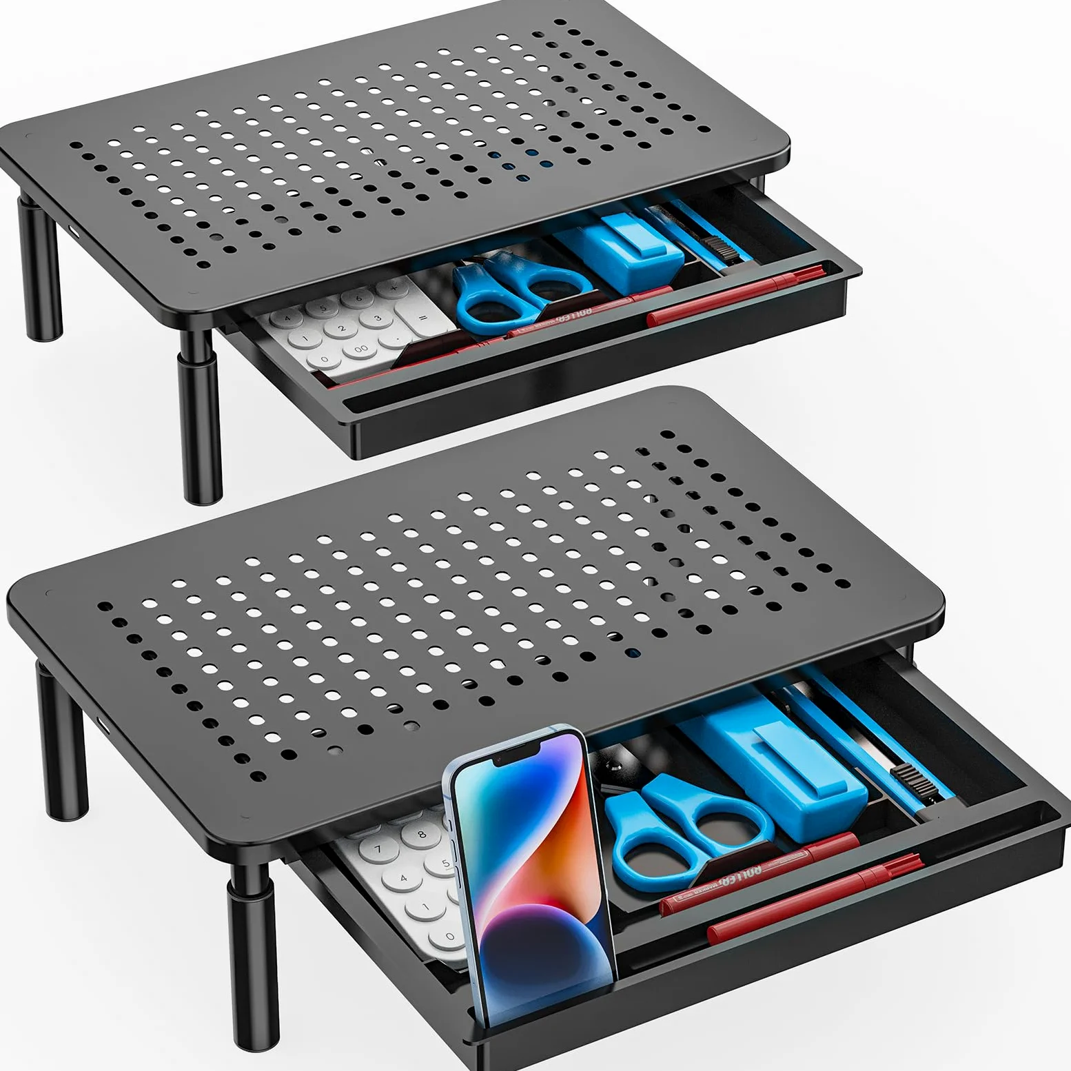 WALI Supporto per doppio monitor con contenitore, regolabile in altezza a 3 livelli, per laptop con prese d'aria, organizer da scrivania per computer, laptop, stampanti, notebook (STT003D-2B