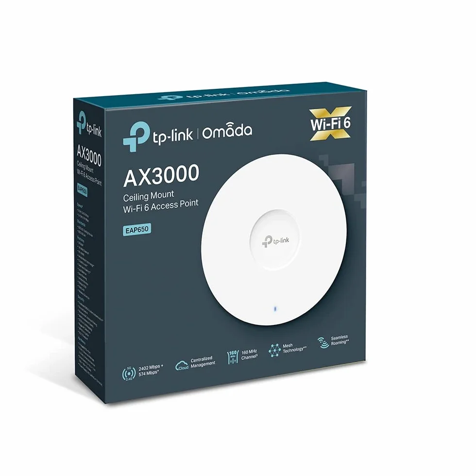TP-Link EAP650 Access Point Wireless Wi-Fi 802.11ax AX3000 Dual Band, Supporto Poe+ 802.3at, Porte Gigabit, MU-Mimo, WPA3, Connessioni Multi-Dispositivi, Posizionamento Flessibile, Bianco
