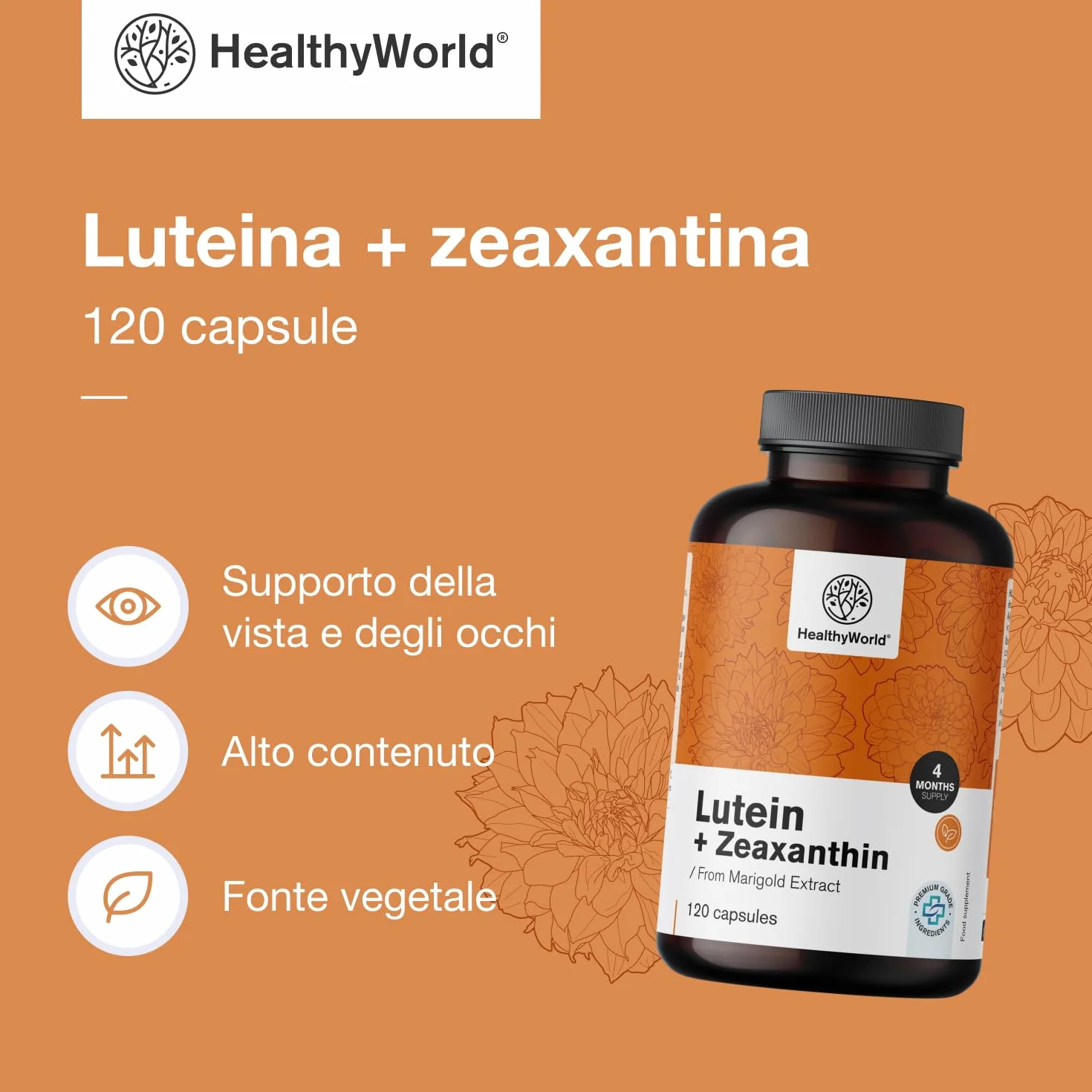 HealthyWorld® Luteina + Zeaxantina 120 Capsule Vegetali 32 mg Luteina 2 mg Zeaxantina Supporto Vista Occhi