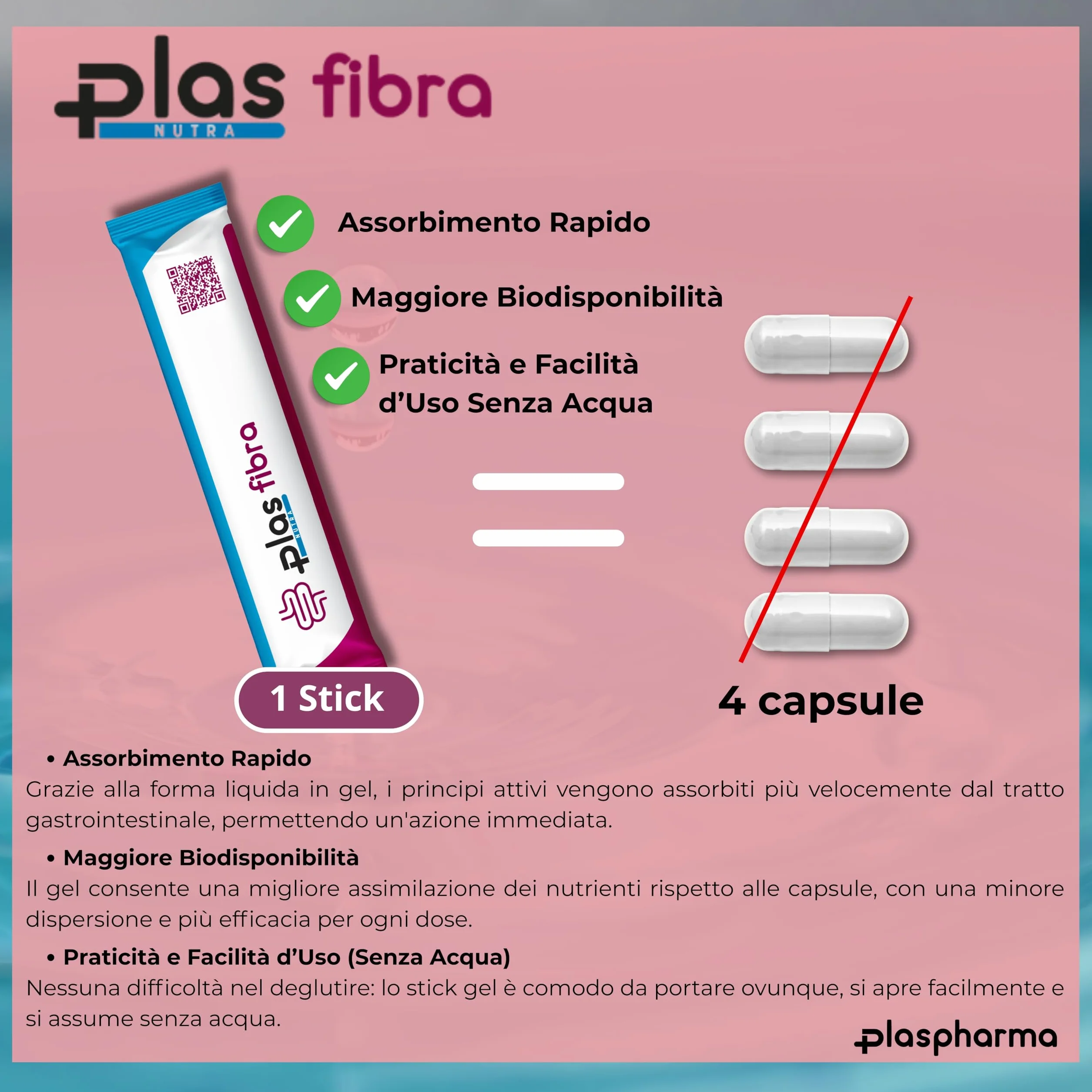 Plas Pharma Fibra Integratore Stitichezza Gonfiore Addominale Transito Intestinale Flora Batterica Fibre Naturali Prebiotiche 20 Stick Gel 15 ml Made in Italy