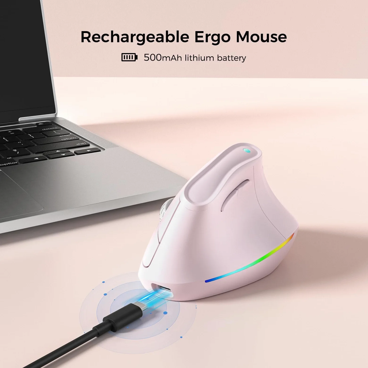 KYSONA Mouse ergonomico wireless ricaricabile a 57°, mouse verticale silenzioso, Bluetooth (BT5.0, BT3.0) e 2.4G, (800/1200/2400/2400/4000), 7 pulsanti per Windows, macOS, iPadOS, laptop, PC, rosa