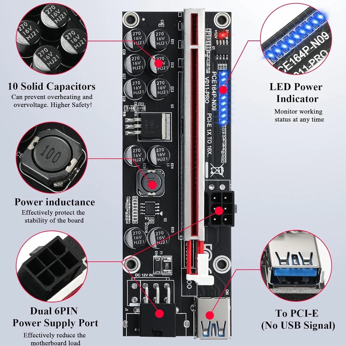 VER009S Scheda Riser PCIE da 1X a 16X per GPU, con cavo di estensione USB 3.0 da 0,6 m - Cavo di alimentazione SATA a 6 pin - Scheda adattatore GPU Extender per Bitcoin Ethereum Mining ETH (6 pezzi)
