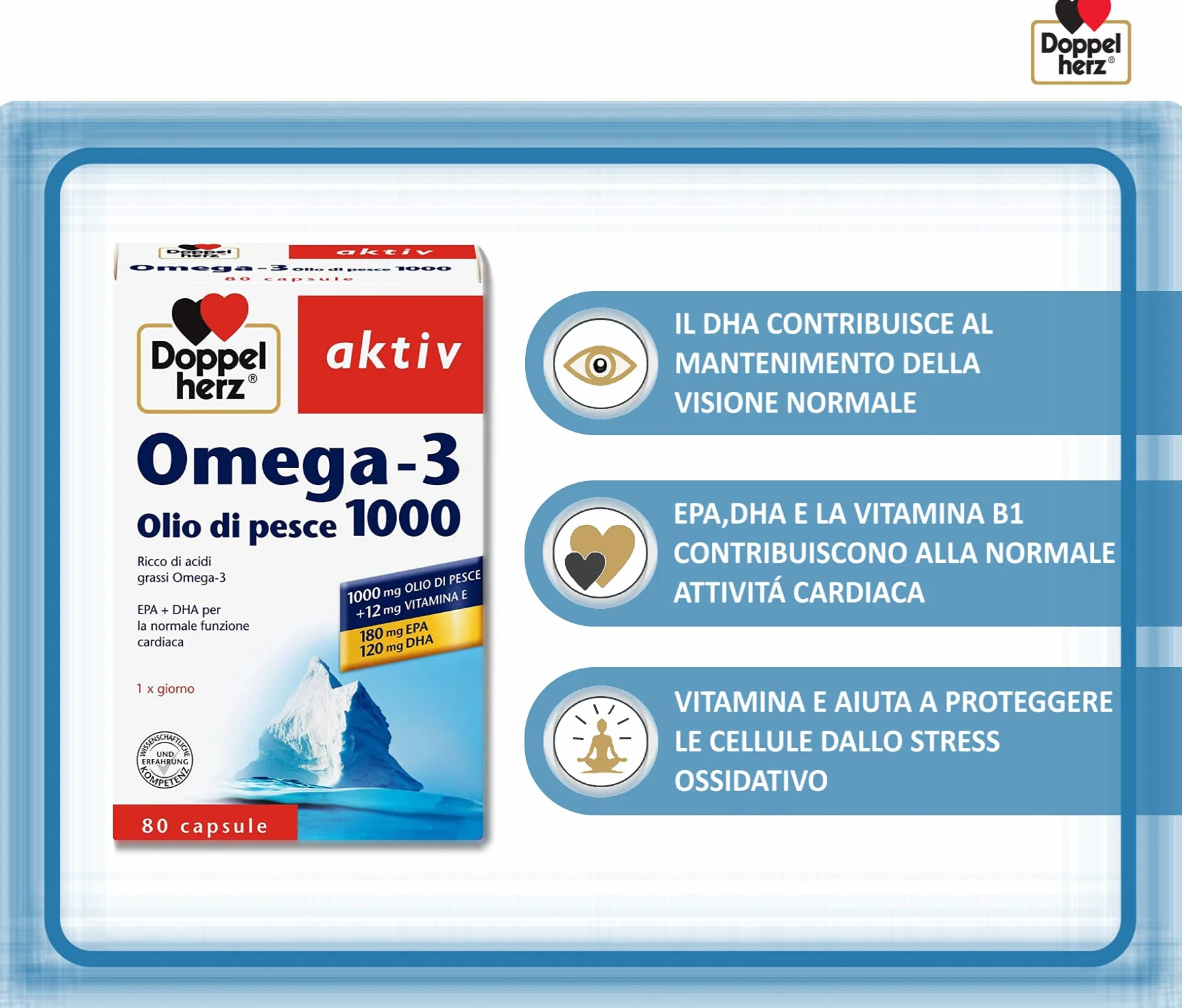 Doppelherz Omega-3 1000 Capsule 300 mg EPA DHA Olio di Pesce Purificato Vitamina E Integratore Cuore Cervello Vista