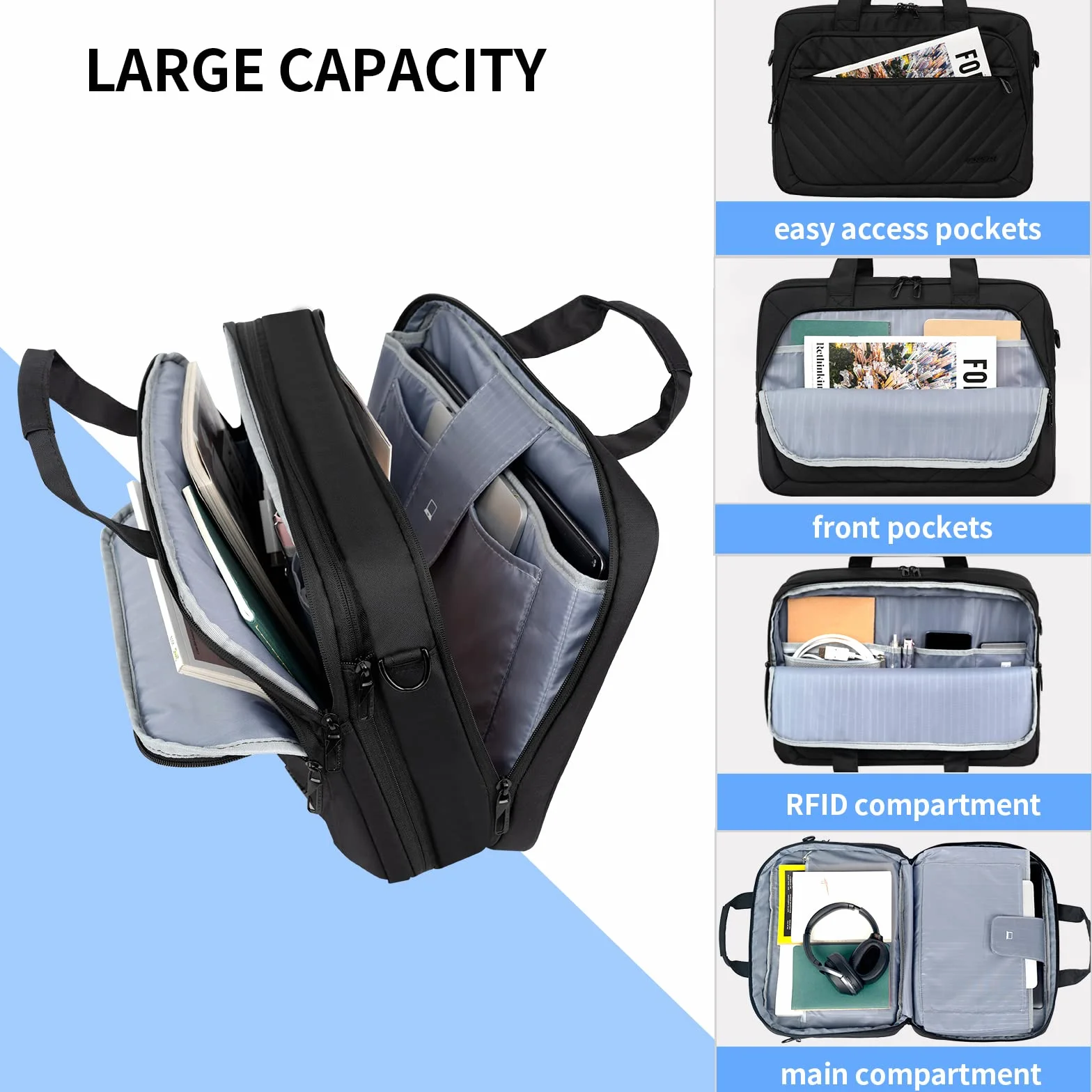VANKEAN Borsa portatile da 17 pollici, valigetta espandibile TSA per donne moda, borsa per Computer impermeabile con tasca RFID, borsa per donne messaggeri per autobus/viaggi/College, nero