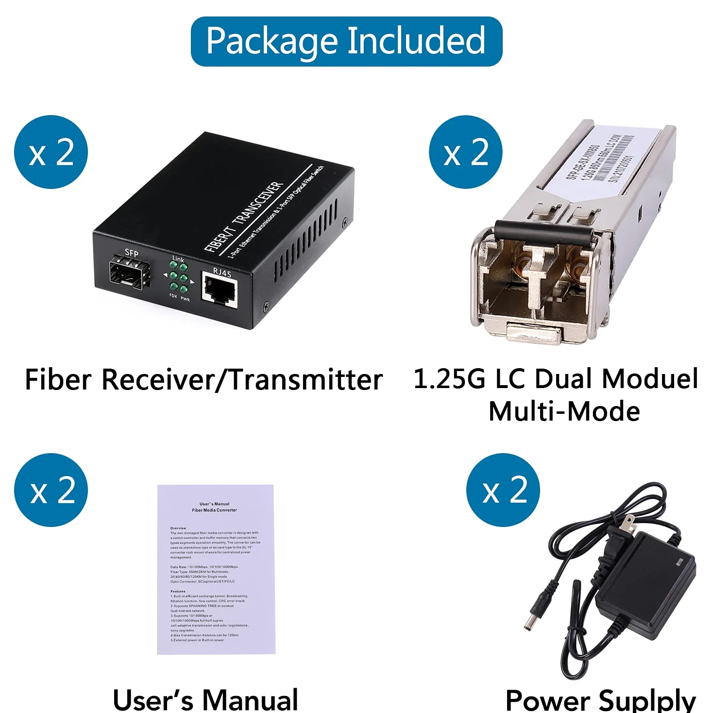 Un paio di convertitori multimediali Ethernet in fibra ottica multimodale Gigabit 1,25G/s + 2 pezzi SFP LC modulo doppio ricetrasmettitore incluso, 10/100/1000Base-Tx-SX SMF RJ45 a slot SFP fino a
