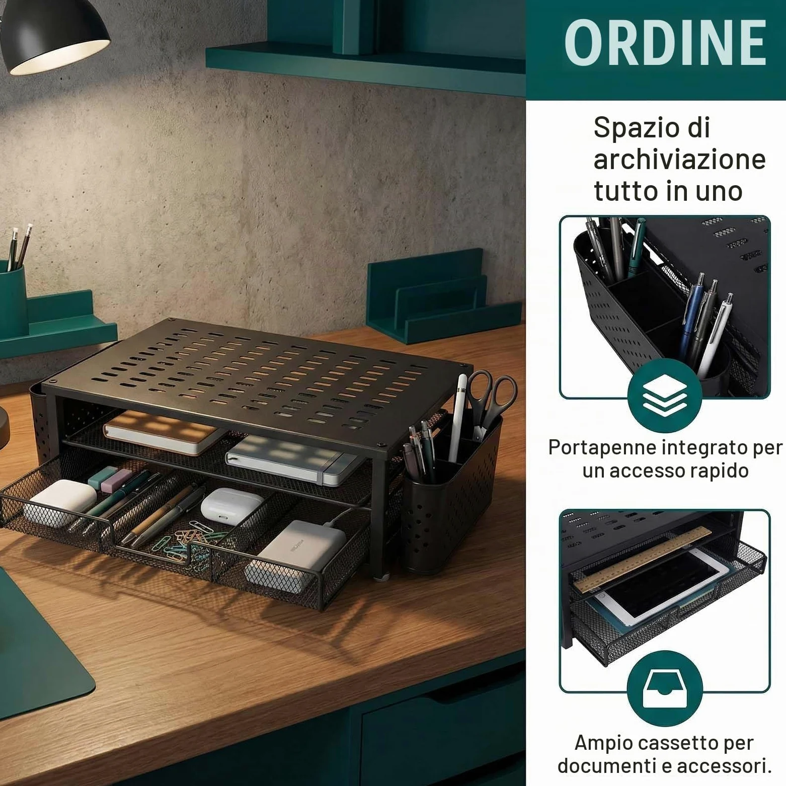 Alzaschermo con Cassetto e 2 Portapenne – Organizzatore da Scrivania Ergonomico per Monitor e Laptop, Supporto per Accessori Ufficio e Sistema di Archiviazione per Home Office