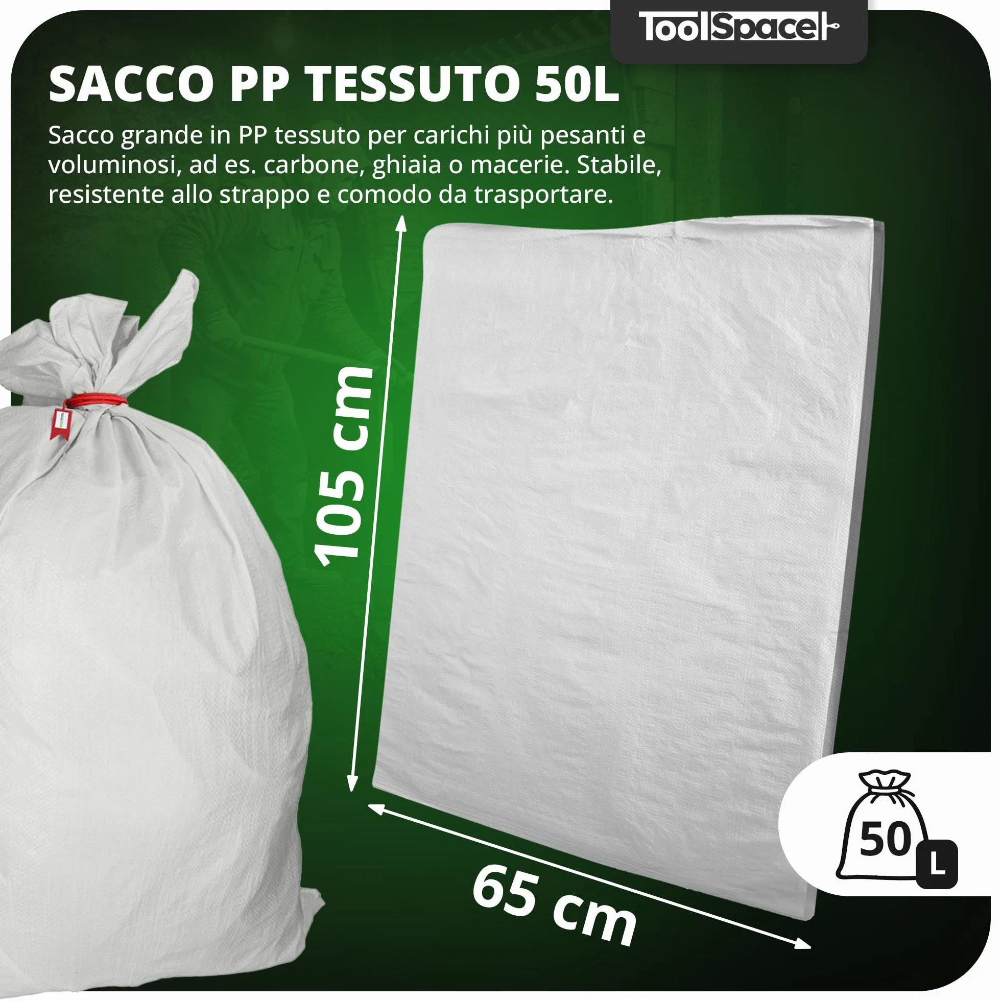 ToolSpace Sacchi in Rafia Polipropilene 65x105 cm 50 kg Resistenti per Carico Pesante Edilizia Cantiere