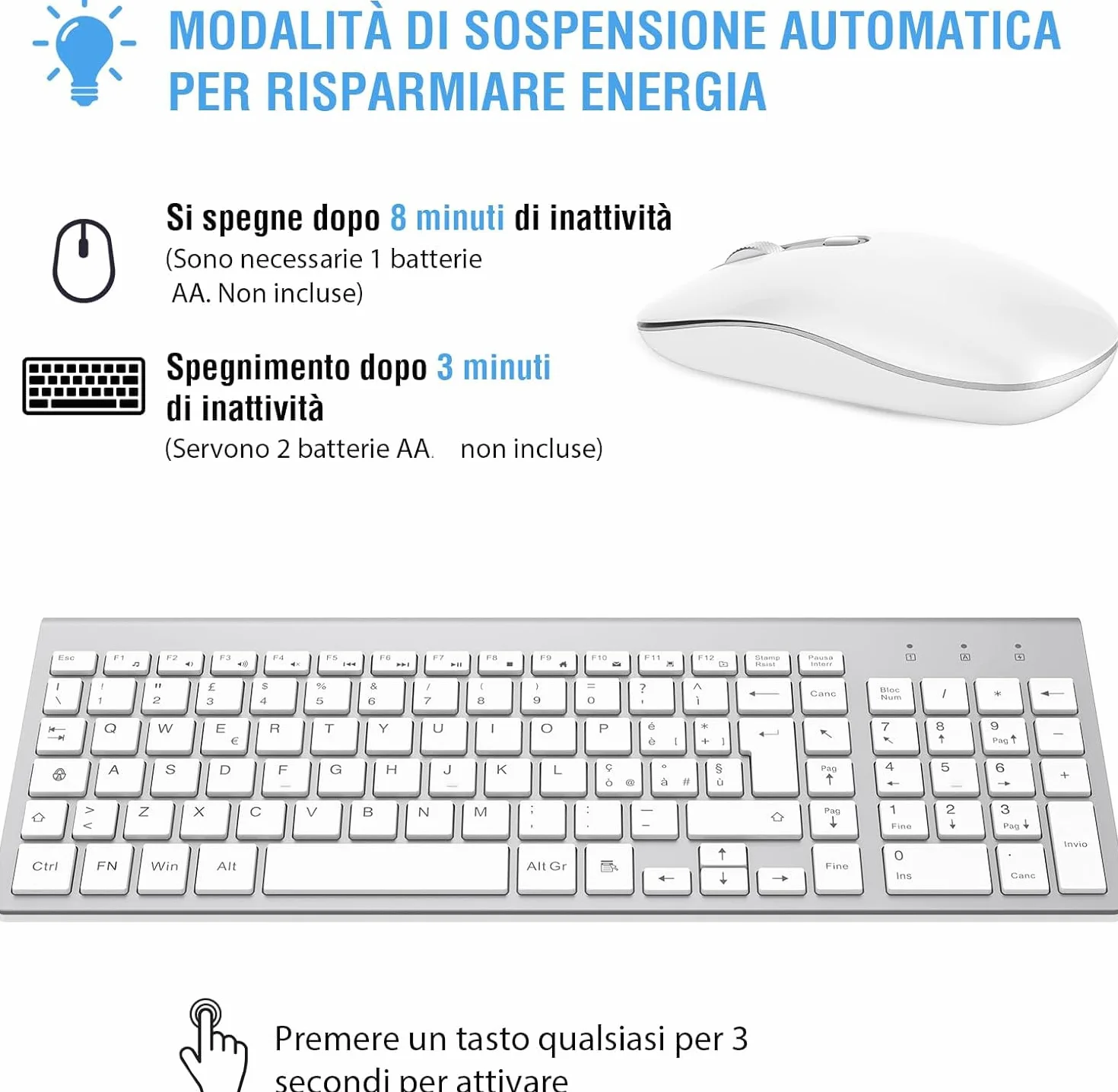 cimetech Tastiera e Mouse Wireless, Layout Italiano QWERTY, Tastiera Ultra-Sottile ‎Ergonomico Full-Size 2.4Ghz Wireless Mouse Tastiera Numerico con Ricevitore Nano per PC/Laptop/Win7/8/10（Argento）