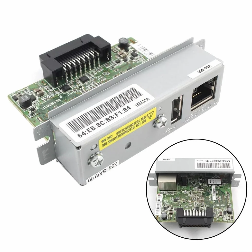 Il modulo Ethernet C32C881008 per il server di stampa UBE04 supporta la connettività 10Base T/100Base TX per le stampanti della serie TM