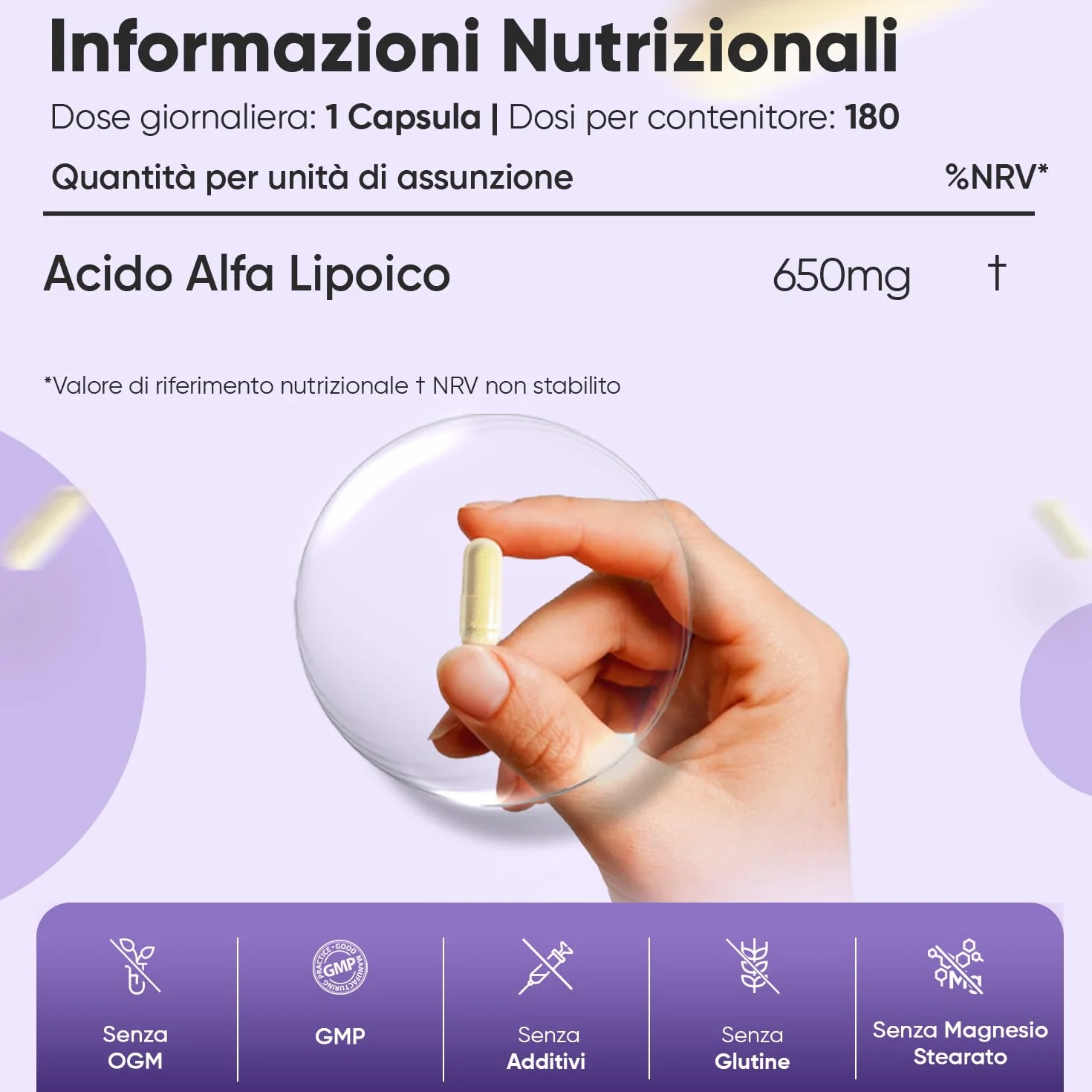 Acido Alfa Lipoico 650mg 180 Capsule Integratore Vegano Senza Glutine