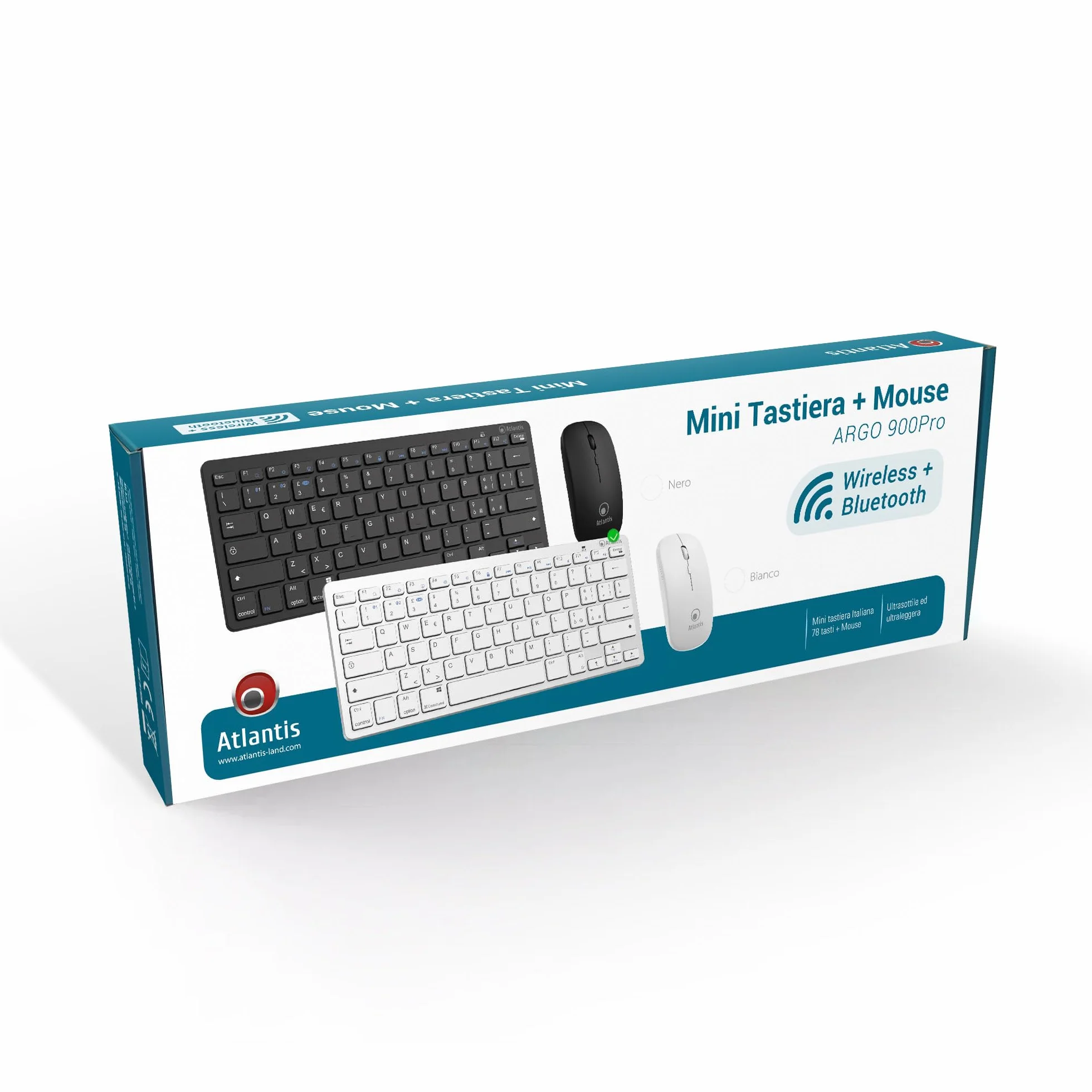 Atlantis ARGO 900Pro Combo KIT Mini Tastiera Ultraslim + Mouse - Wireless senza fili RF + Bluetooth, QWERTY 78 tasti “chocolate key”, per PC/Notebook/Smartphone/Tablet/iOS/Android, Nero