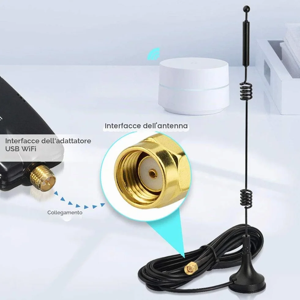 Bingfu Antenna WiFi 2,4GHz 5GHz Bibanda 9dBi MIMO Maschio RP-SMA Omnidirezionale con Base Magnetica Cavo Prolunga 3 m per Router WiFi Telecamera IP Sicurezza Schede Madre Adattatore USB, 2 pacchi