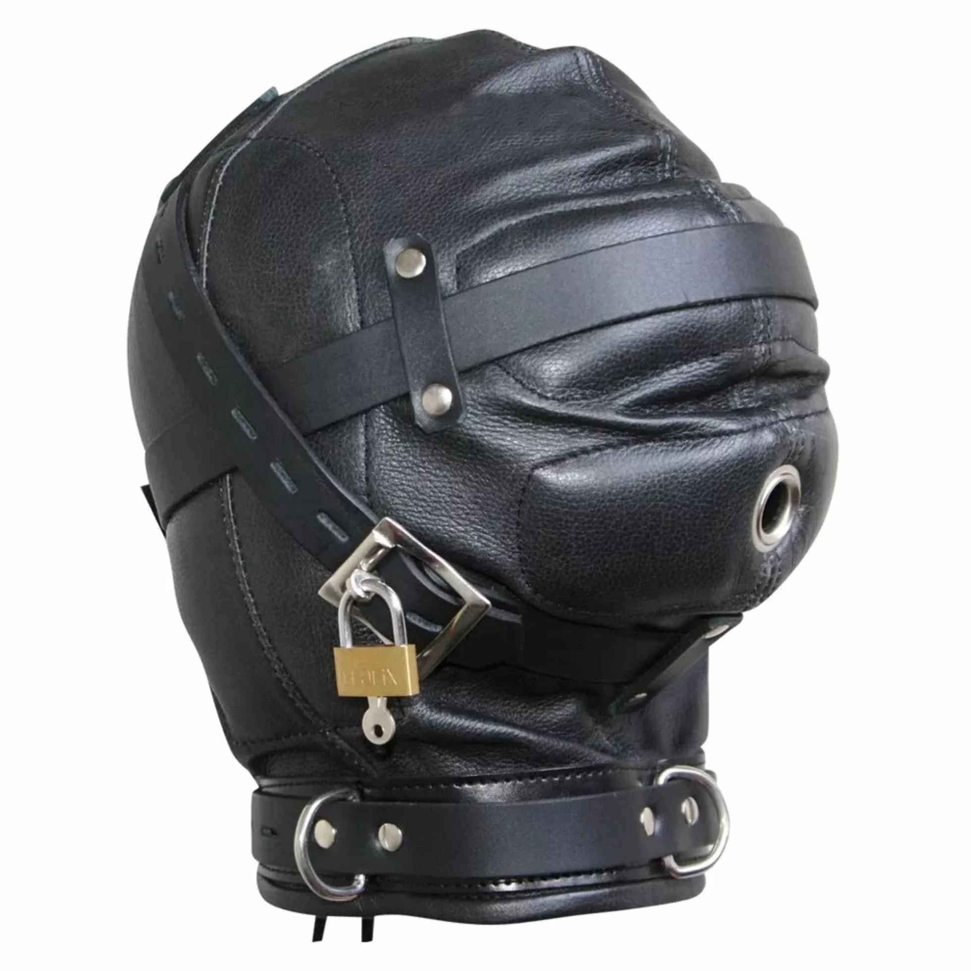 Maschera di Contenimento in Pelle Nera Regolabile con Fibbie in Metallo