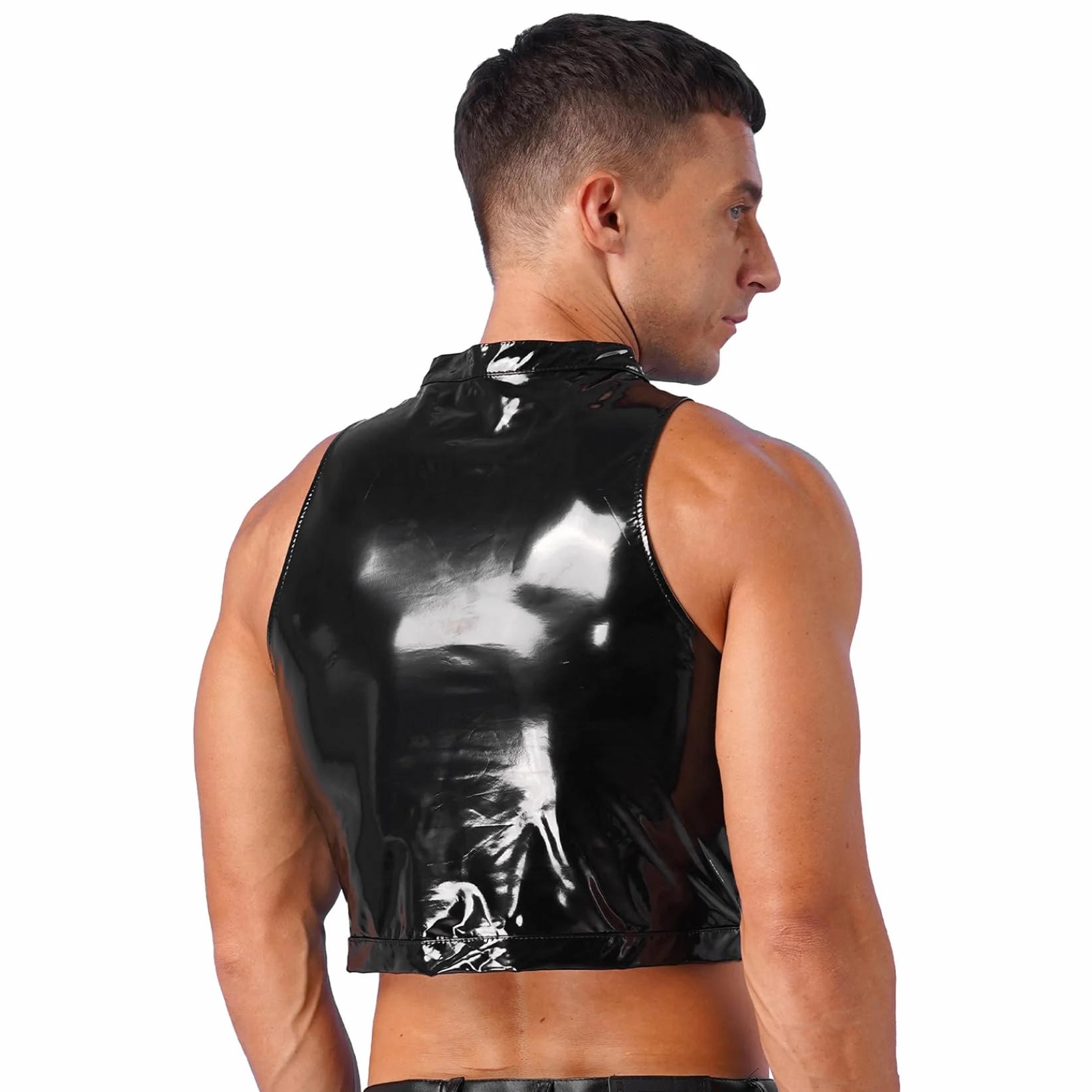 Sexy Crop Top in Pelle Verniciata Uomo Canottiera Bandage Slim Fit Tshirt Wetlook Erotico Lingerie Imbracatura Gay Abbigliamento da Club