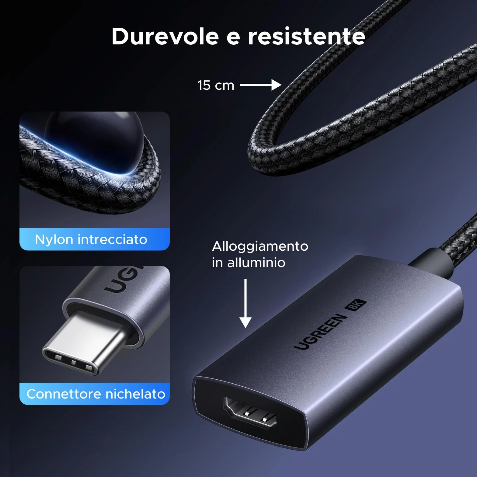UGREEN Adattatore da USB C a HDMI Femmina 8K 60Hz 48Gbps Compatibile con iPhone 17 Pro Max Air iPhone 16 Plus Pro Max MacBook M4 M3 iPad Air Galaxy S25 S24 Ultra Cavo Tipo C HDMI2.1 Thunderbolt 4 3