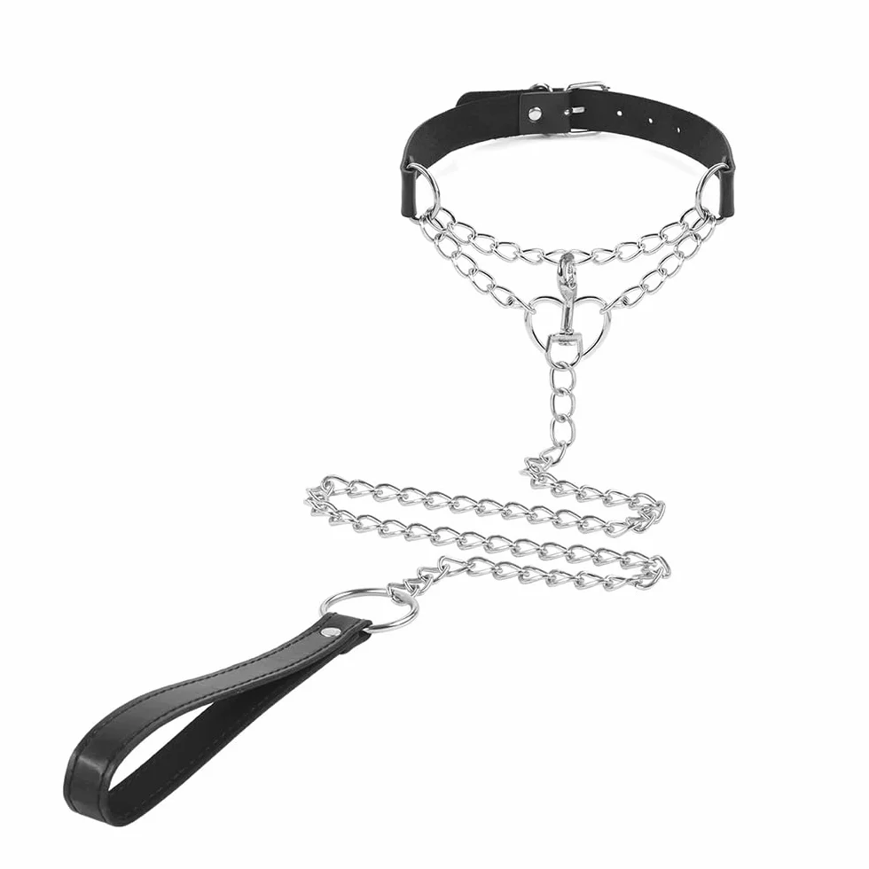 O-Ring Regolabile Collare Bondage PU Pelle con Catena Guinzaglio Fetish SM