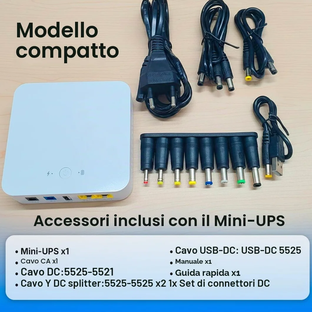 Nuovo Mini UPS o Mini SAI AC-DC | Con batteria interna ad alta capacità | Uscite 5V+9V+12V e PoE | Protezione contro interruzioni di corrente e cortocircuiti | Router, allarmi e dispositivi, 8800 mAh