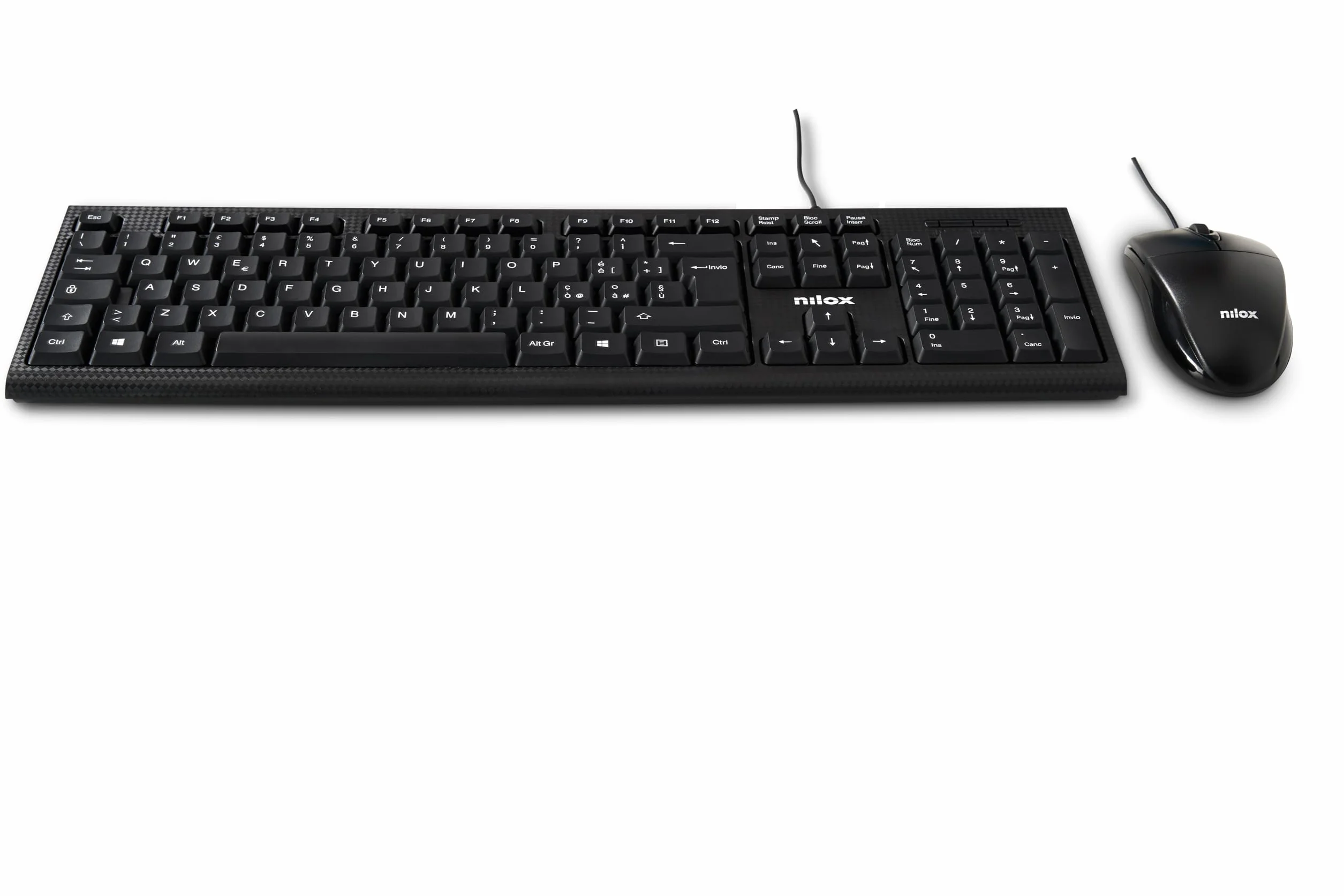 Nilox NXKMIT0011, Kit Tastiera e Mouse USB, Tastiera con Layout Italiano, Mouse con Sensore Ottico da 1600 DPI, Compatibile con Windows, Linux e Mac