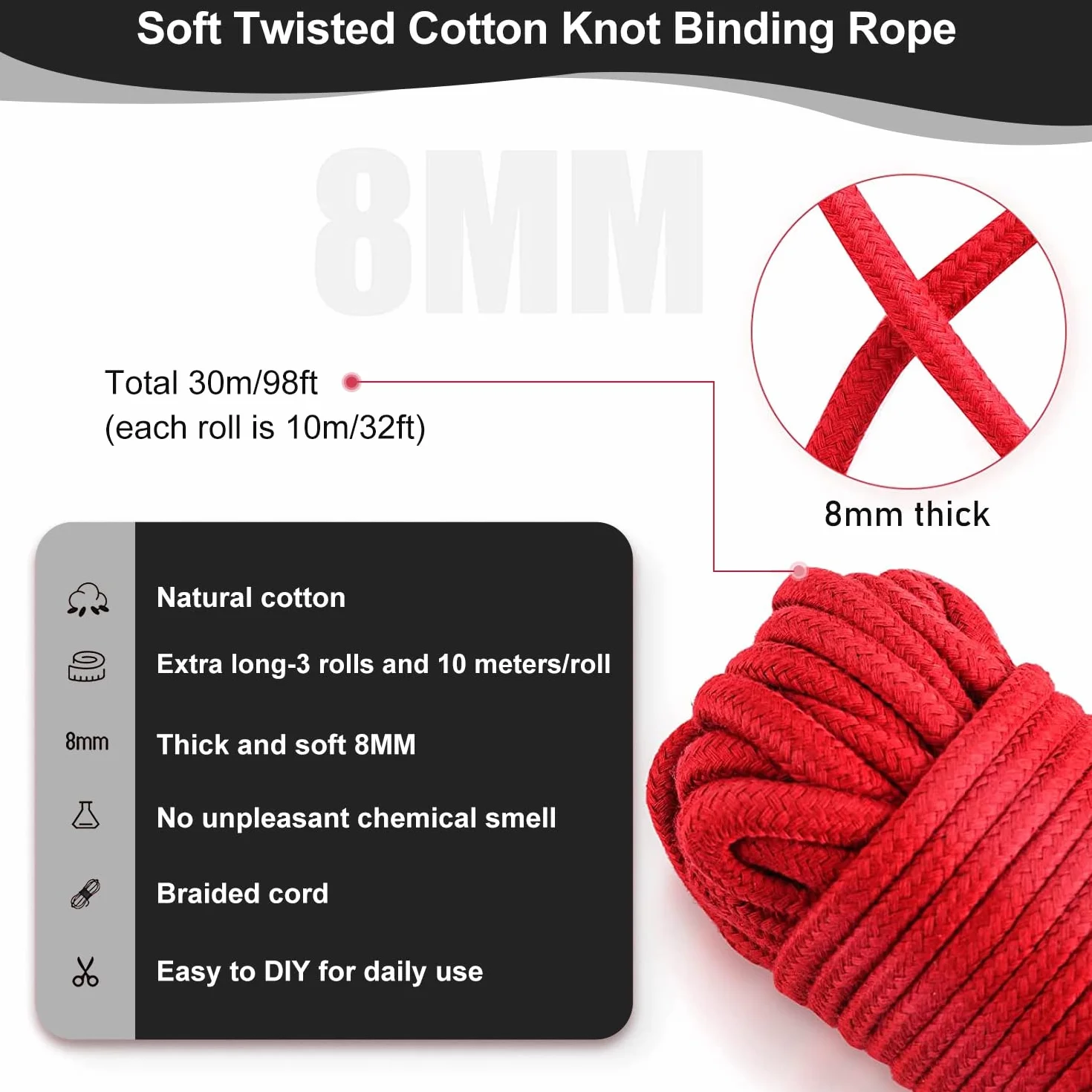 BDSM Bondage Set 3x10M Cotone Corda Shibari 8mm per Principianti Rosso