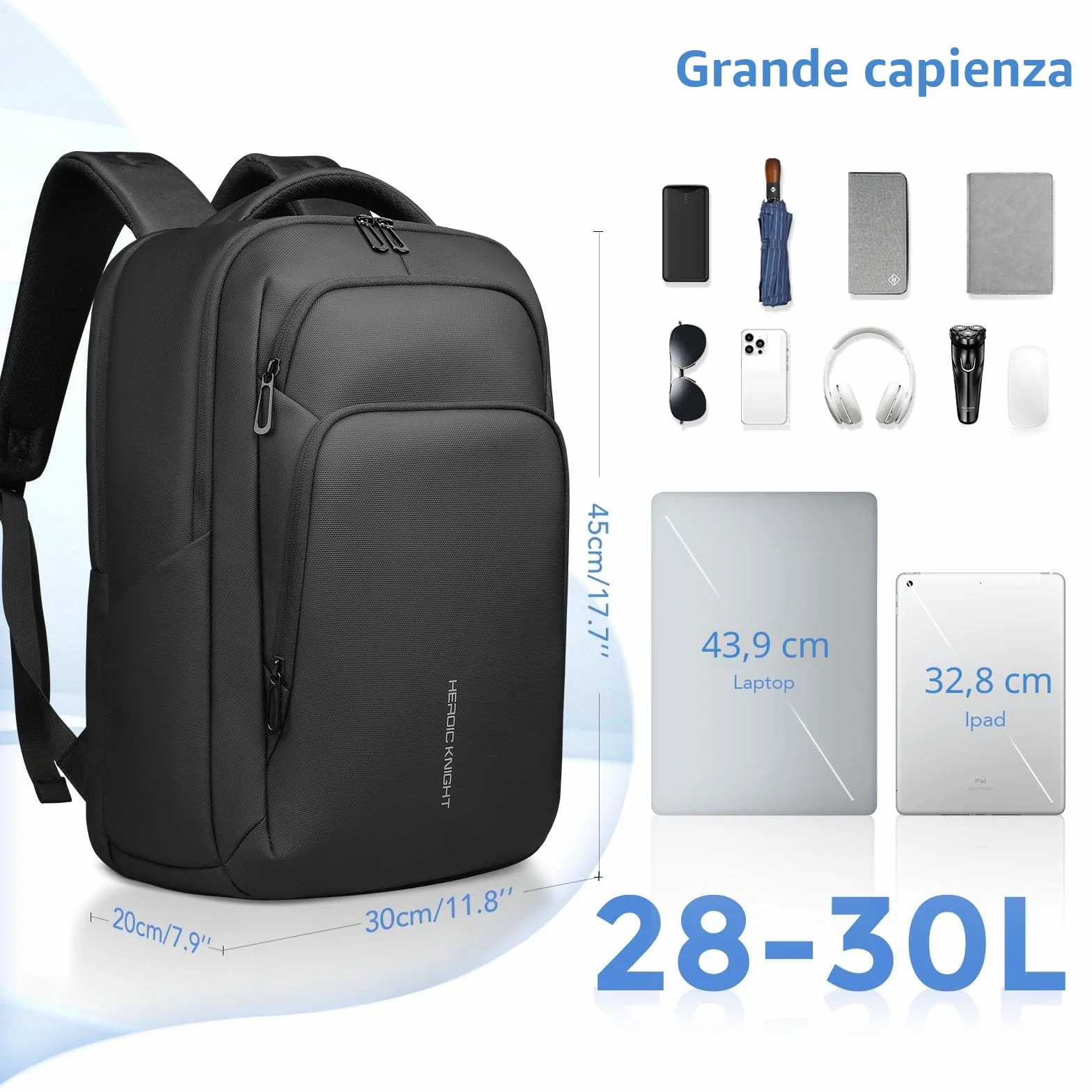 Zaino Uomo per PC 17,3 Pollici con Porta USB-C e USB-A, Zaino Antifurto Impermeabile 24-28L Leggero per Ufficio, Università, Lavoro, Viaggio e Uso Quotidiano – Nero
