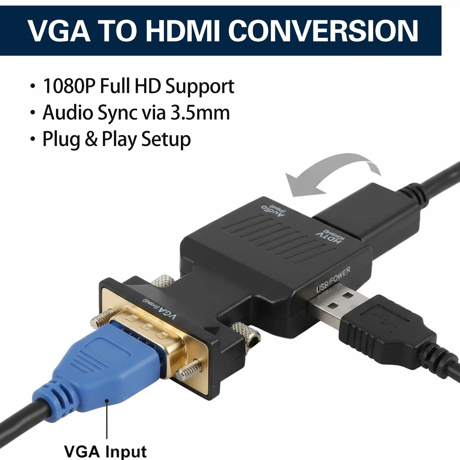 Adattatore VGA a HDMI con audio 1080P Convertitore VGA maschio a HDMI femmina con jack da 3,5 mm e cavo di alimentazione USB, unidirezionale per PC, laptop, TV, monitor, proiettore