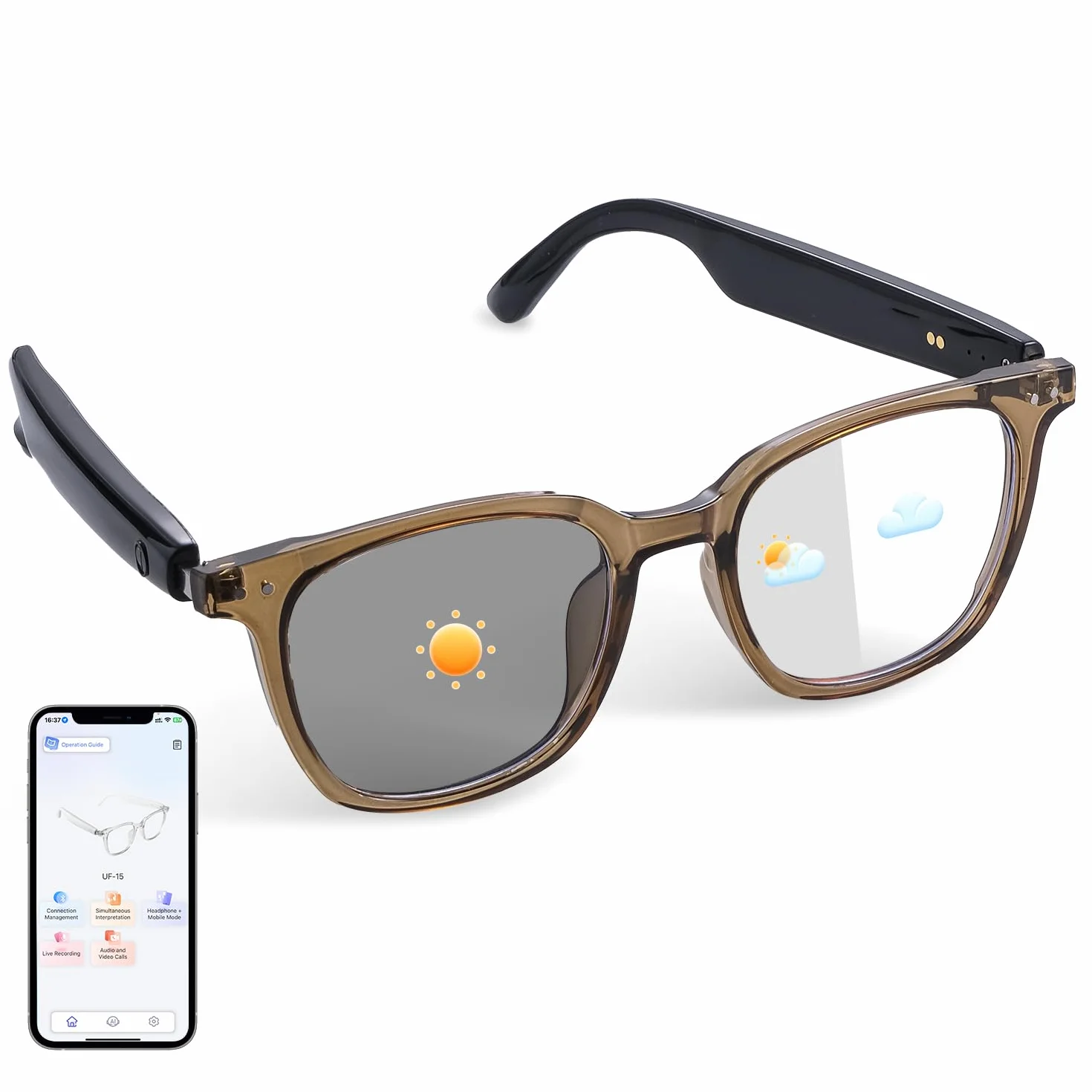 Occhiali intelligenti Bluetooth traduzione AI 160 lingue altoparlante microfono incorporato lenti intercambiabili protezione UV marrone