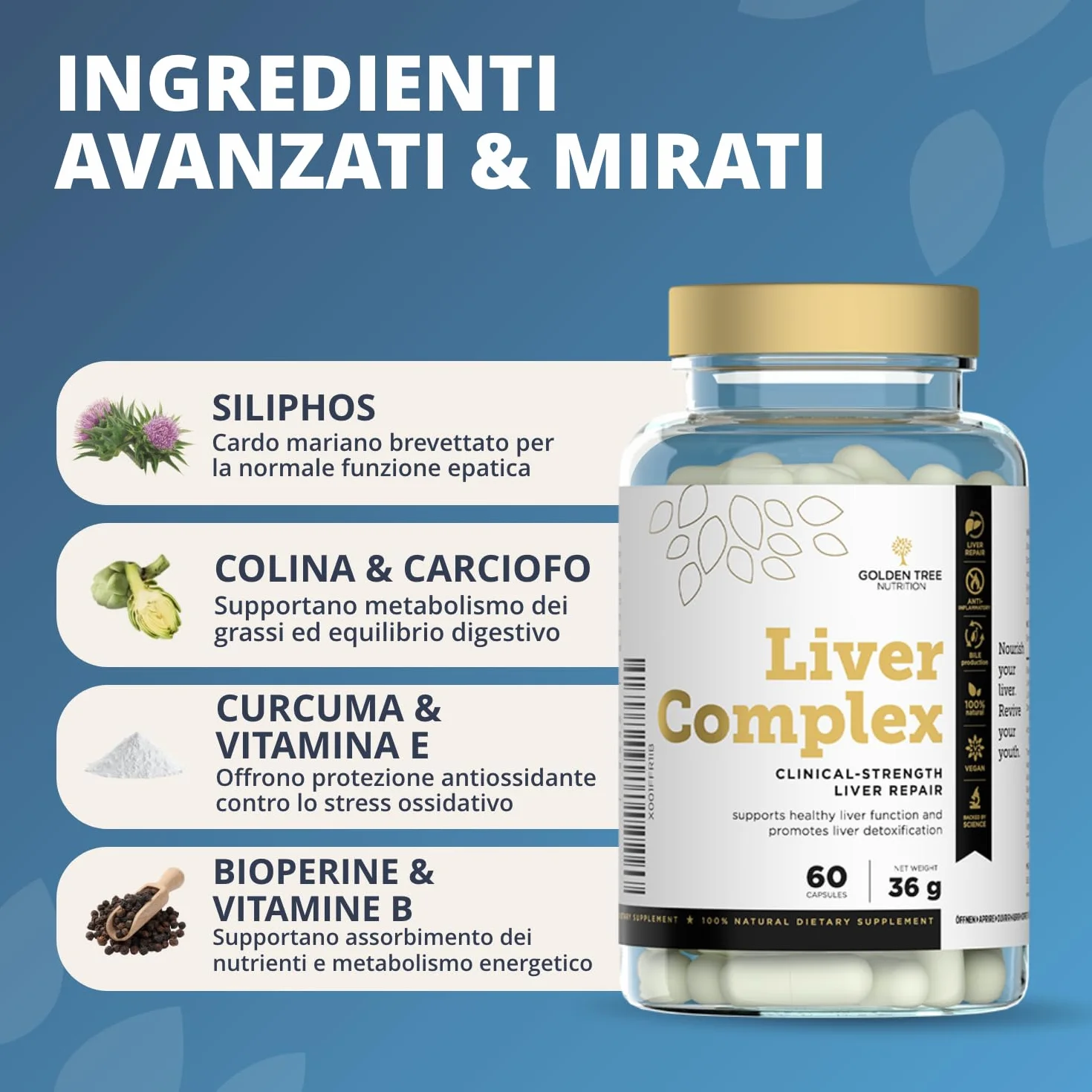 Golden Tree Liver Complex Integratore Fegato Cardo Mariano Tarassaco Carciofo Curcuma Colina Vitamine B6 B12 D3 E Pepe Nero 60 Capsule Vegane