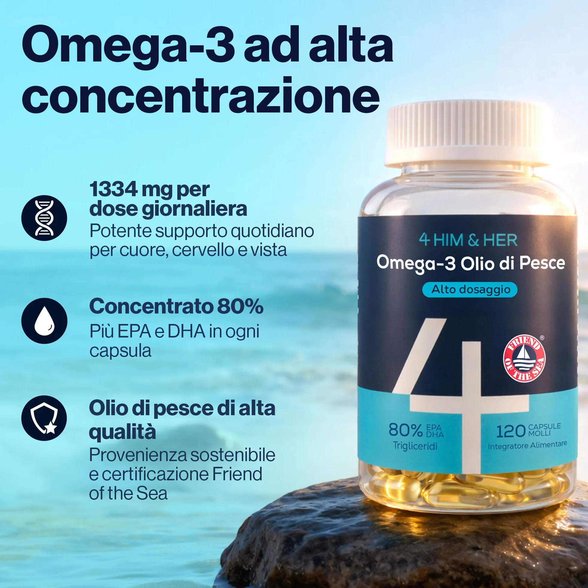 Omega 3 1334mg Alto Dosaggio 120 Capsule – Olio di Pesce – 668mg EPA, 500mg DHA – 80% rTG – FOS Certificato