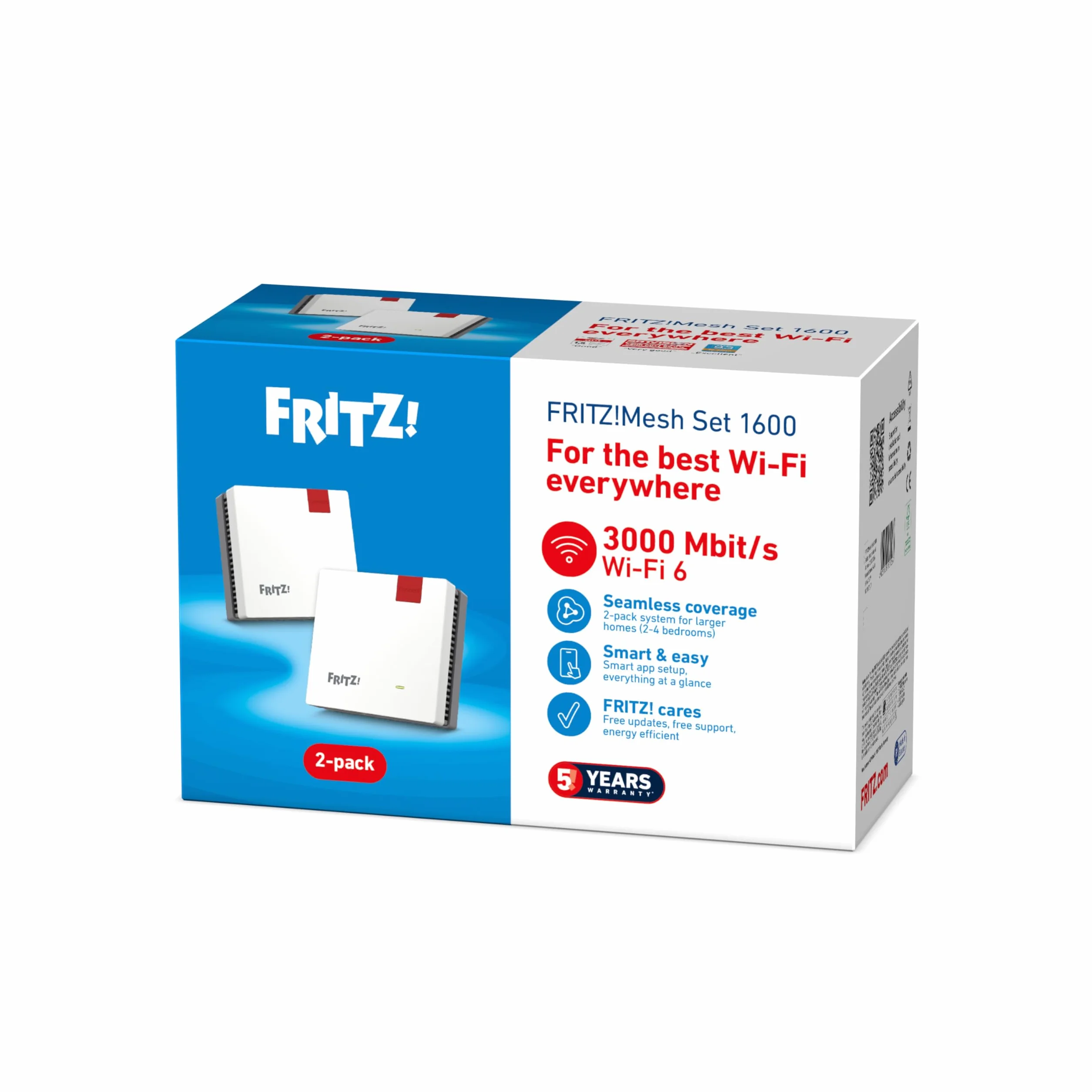 FRITZ!Mesh Set 1600 da 2 | Stabile Wi-Fi 6 fino a 3.000 Mbit/s | Copertura Wi-Fi per 3-5 stanze | Ideale per router Internet o modem per fibra ottica (ONT) | Configurazione semplice | Made in Europe