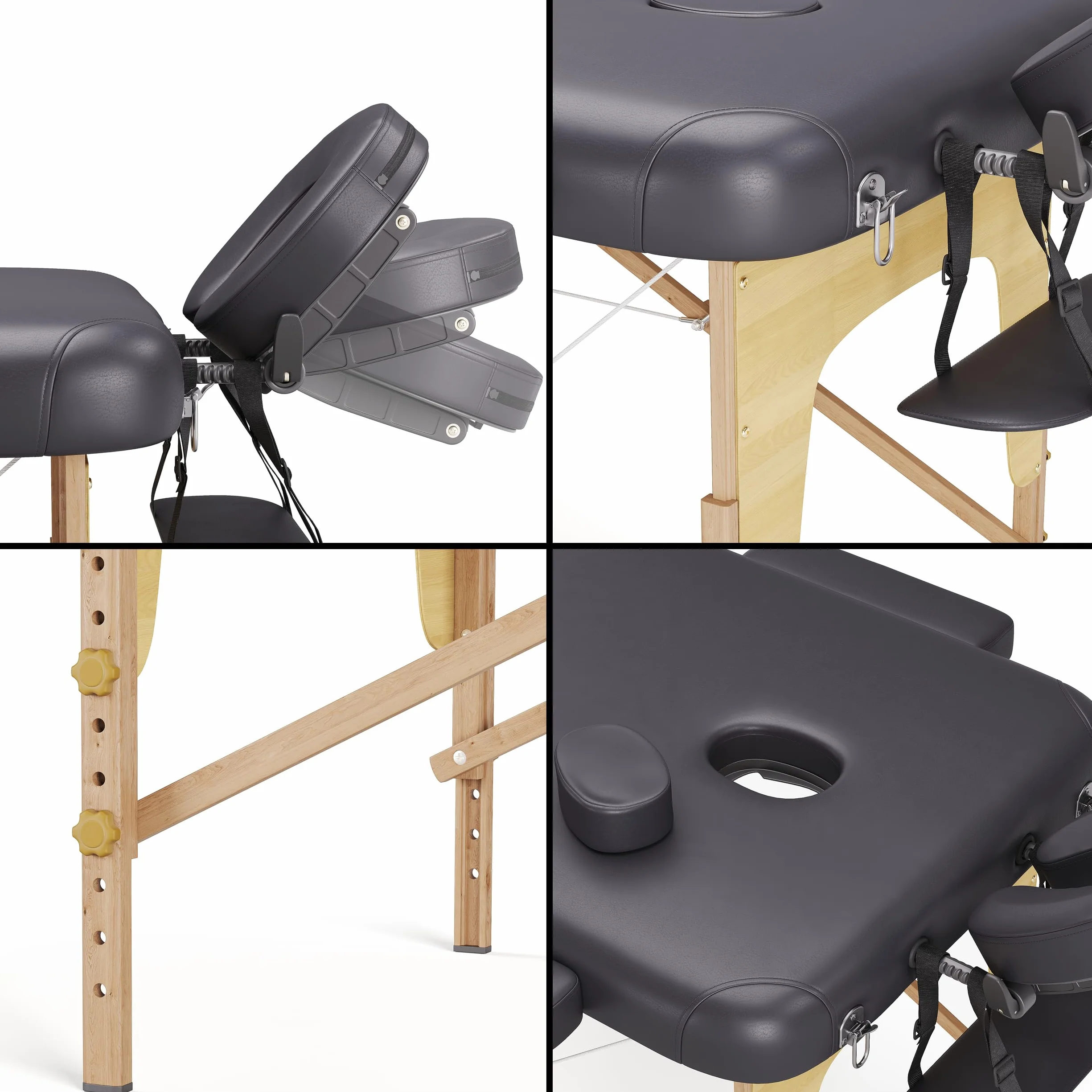 Beltom Lettino da Massaggio 2 Zone in Legno Portatile 185 x 60 cm 11,7 kg Nero