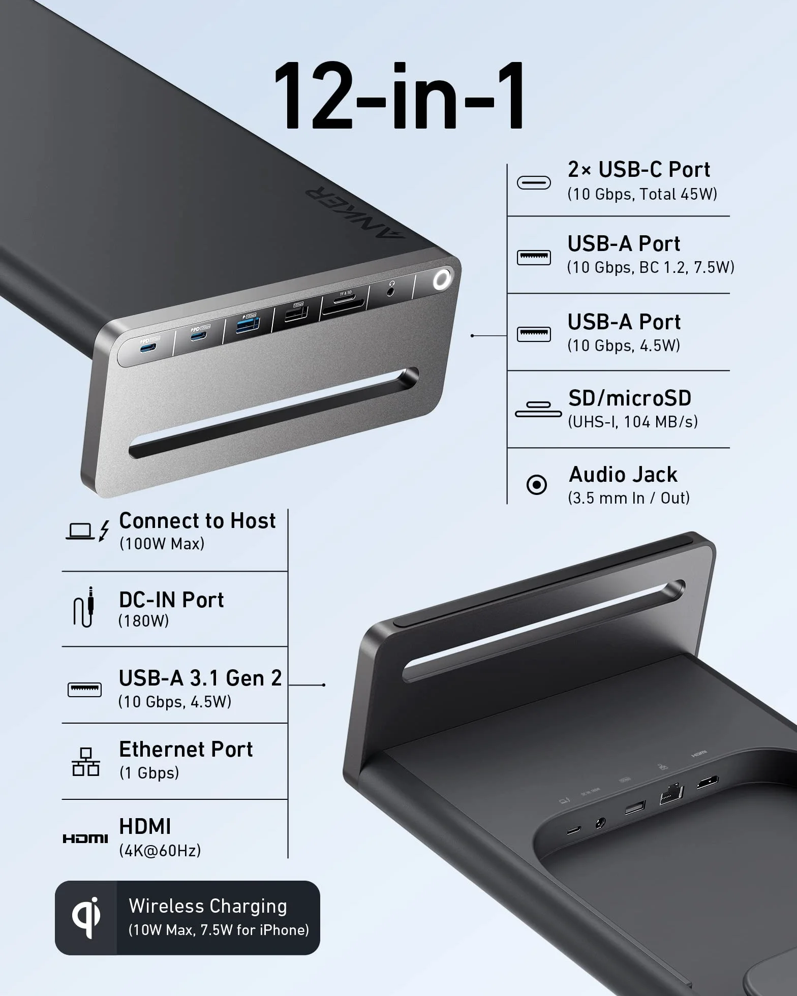 Anker 675 Hub USB C Docking Station 12 in 1 100W, Supporto per Monitor, con Porte da 10 Gbps, Display HDMI 4K a 60 Hz, Tappetino di Ricarica Wireless, per Dispositivi USB C