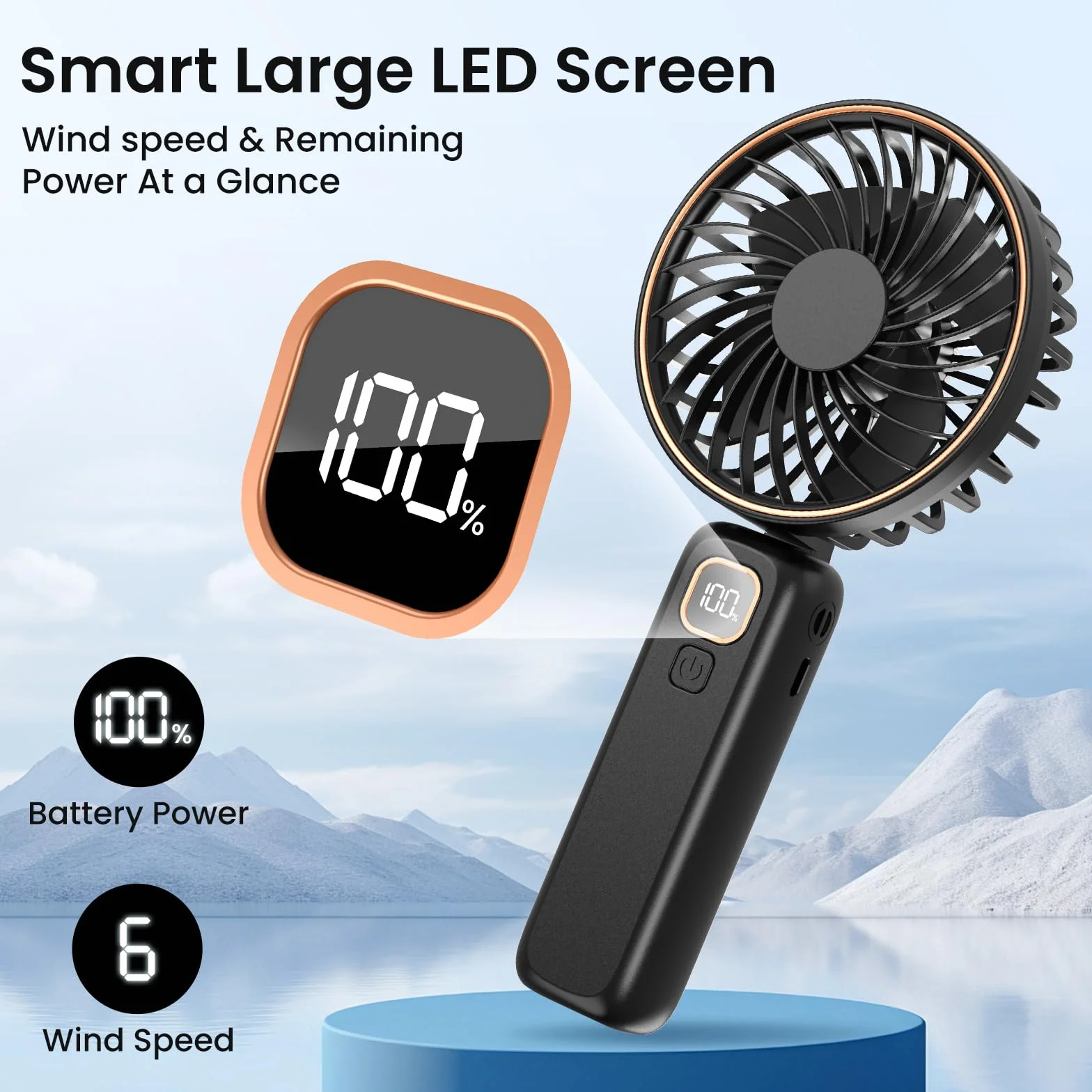 Ventilatore Portatile, 4000 mAh Mini Ventilatore Portatile USB-C Ricaricabile, 6 Velocità Ventilatore Piccolo con LCD Display, 2-in-1 Ventilatore da Tavolo per Ufficio, Spiaggia, Viaggio, Pendolarismo