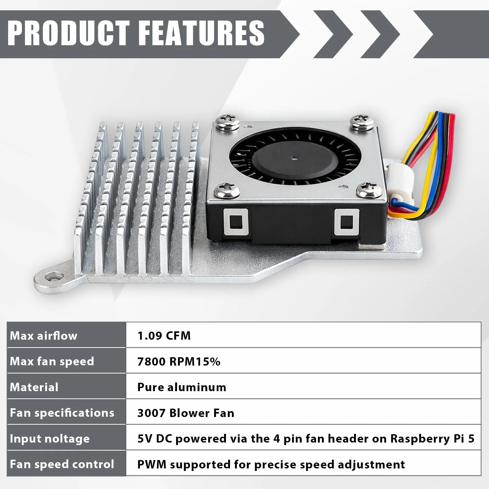 Dissipatore di calore attivo per Raspberry Pi 5, in alluminio con ventola controllata dalla temperatura, compatibile con RasPi 5 4 GB/8 GB, radiatore attivo ad alte prestazioni per dissipazione del
