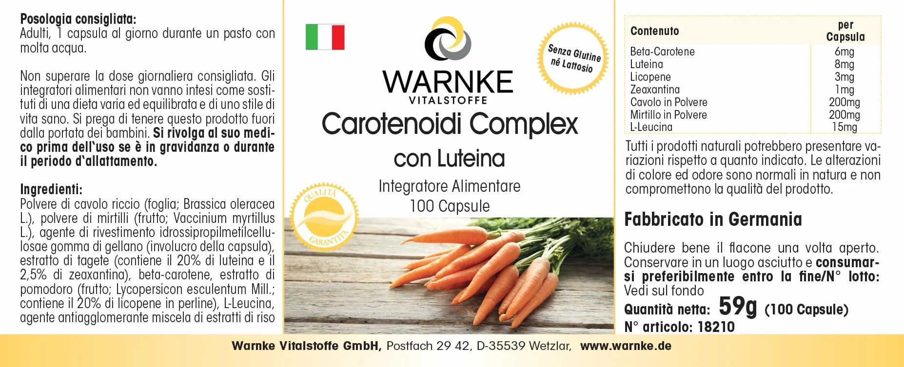 Warnke Vitalstoffe Carotenoidi e licopene Plus Beta-carotene luteina zeaxantina 100 capsule