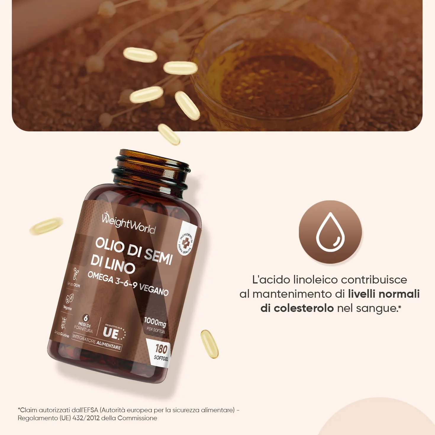 Olio di Semi di Lino Softgel Vegane Omega 3 6 9, 1 al Giorno, 6 Mesi di Scorta, Senza Glutine e OGM