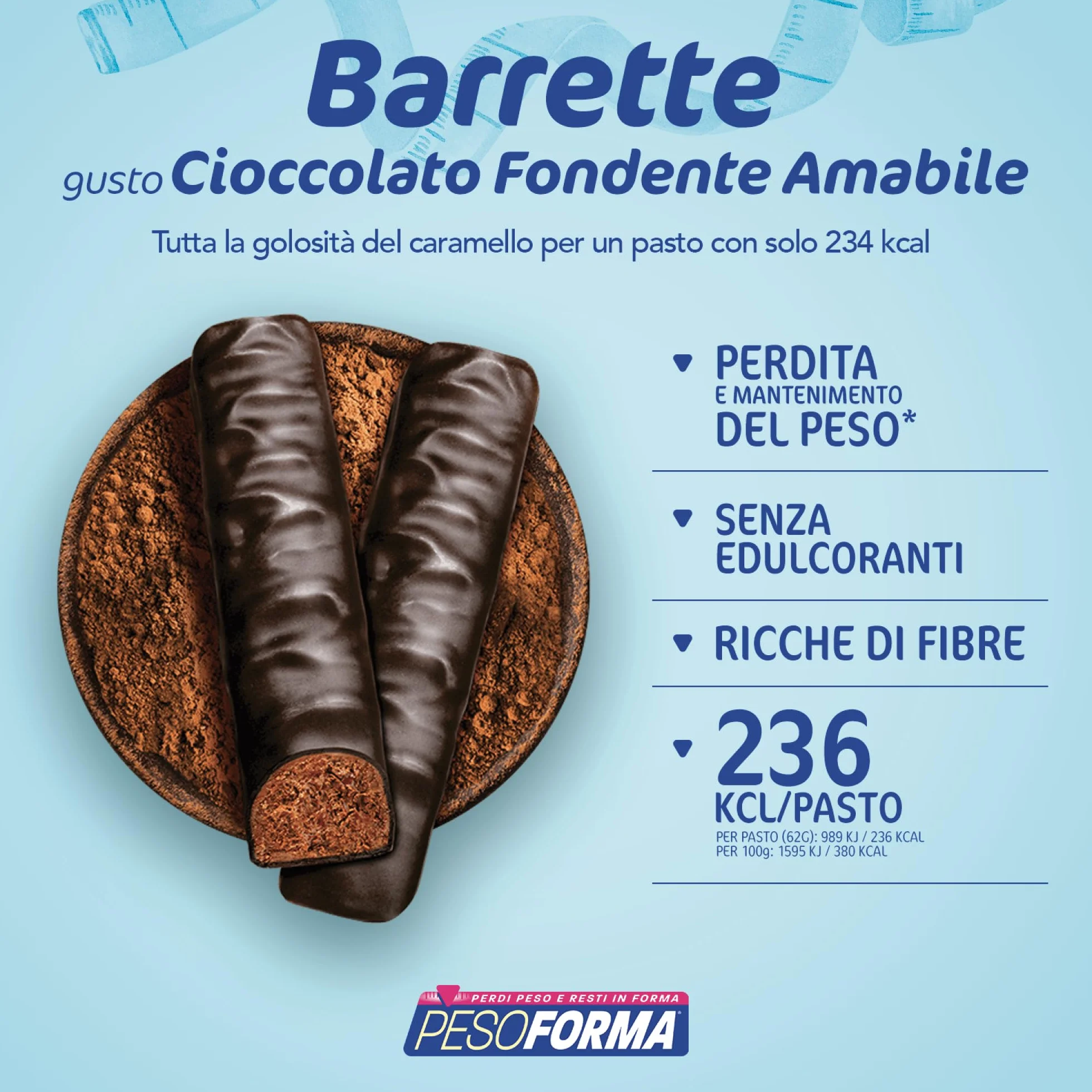 Pesoforma Barrette Cioccolato Fondente Amabile 236 Kcal Pasti sostitutivi dimagranti Ricco in proteine 6 pasti