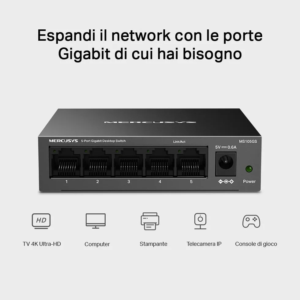 TP-Link Mercusys MS105GS Switch Ethernet 5 Porte Gigabit, Sdoppiatore Ethernet, Switch Gigabit per la Casa e l'Ufficio, Plug e Play, Montaggio Desktop, Cassa in Metallo, Durevole e Silenzioso