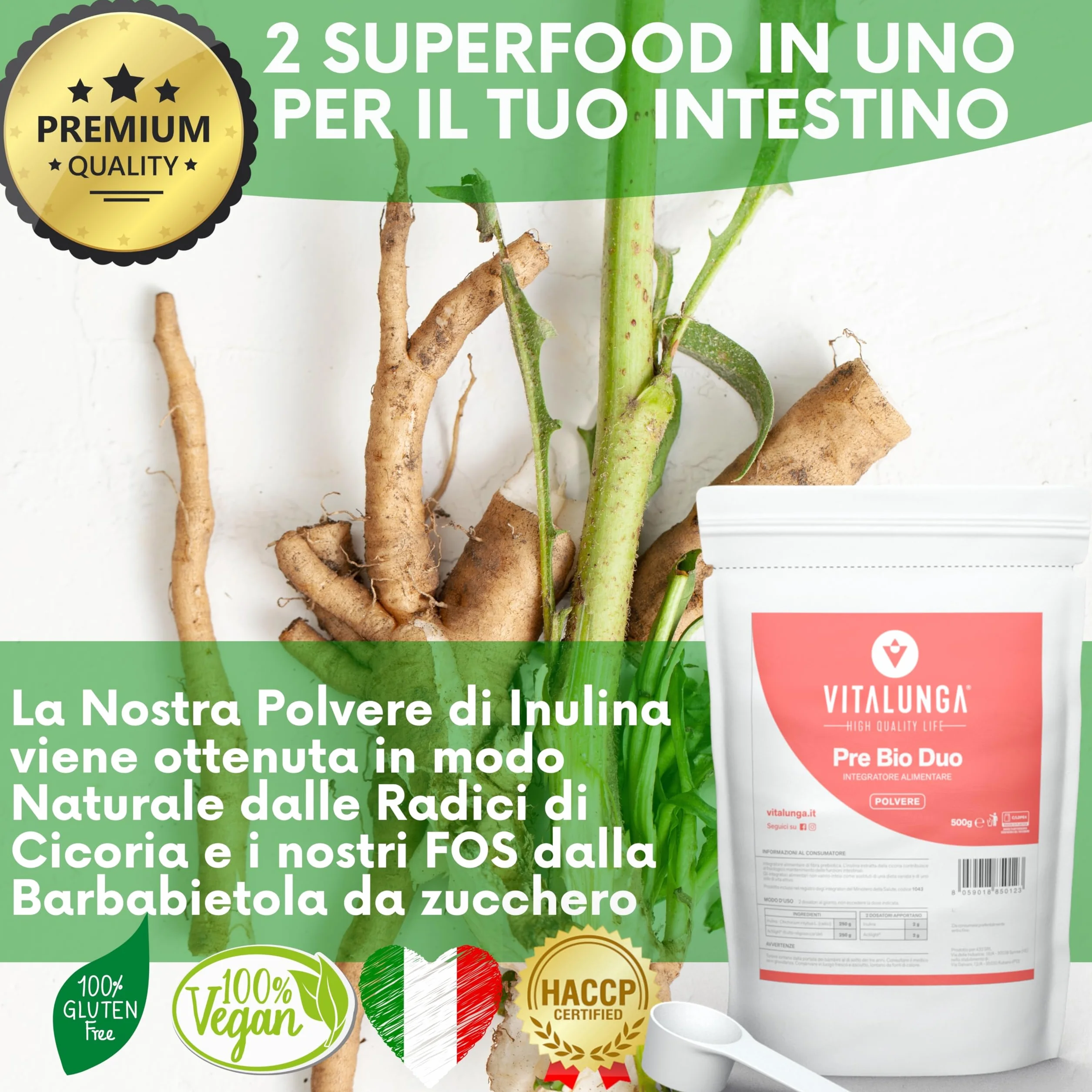 Inulina in Polvere 500g Fibra Prebiotica di Cicoria Vegan Senza Glutine