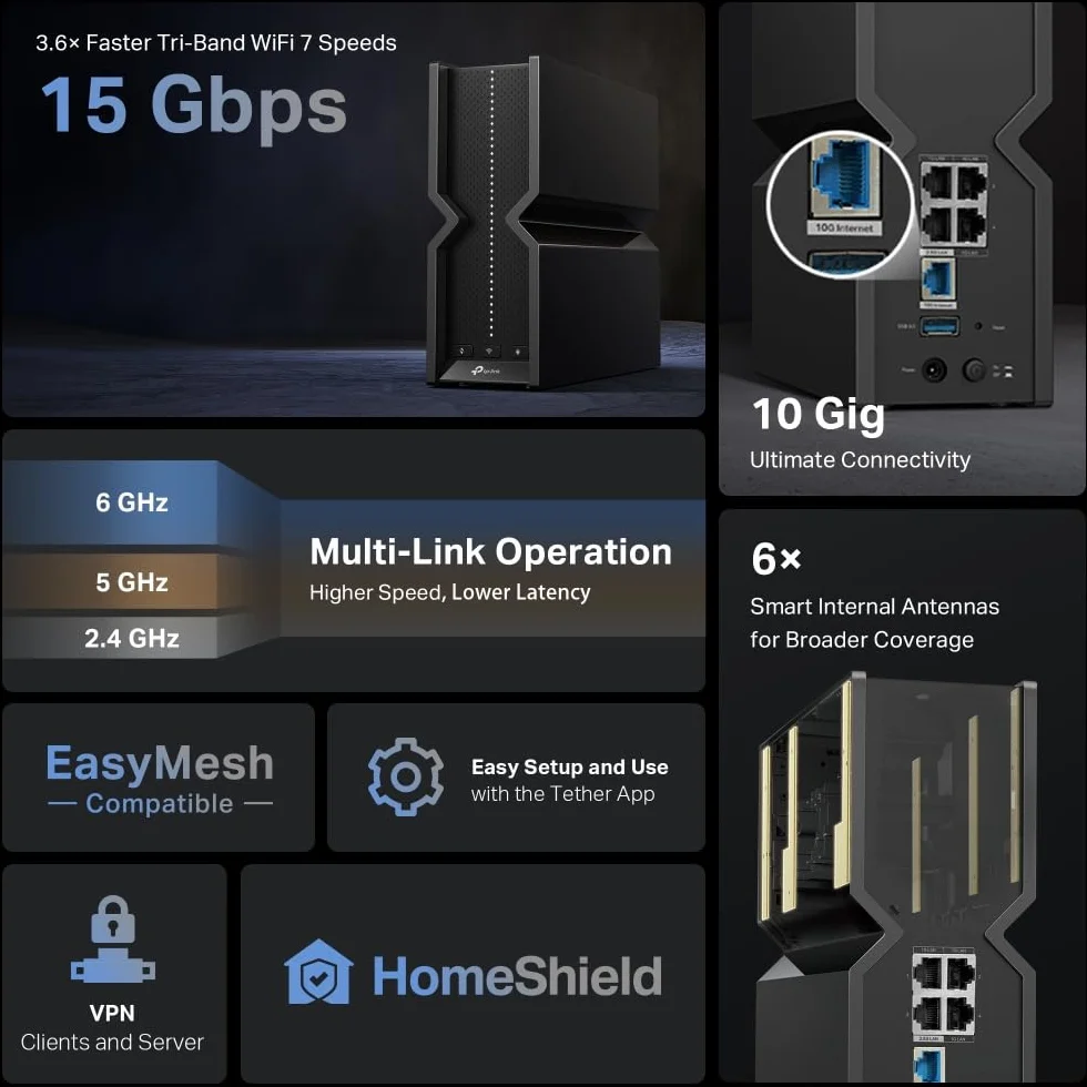 TP-Link Archer BE700 Router WiFi 7 Tri-Band BE15000Mbps, Ultraveloce con Porte Multi-Gig 10G e 2.5G, Router WiFi 8-Stream, Supporto Client VPN, Porta USB 3.0, Compatibile EasyMesh, Streaming 8K