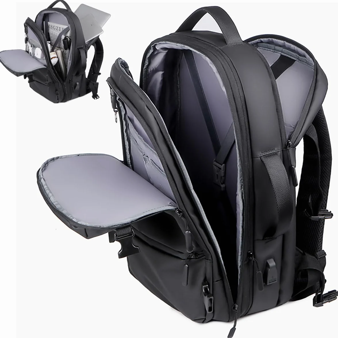 Mixroom - Zaino da Viaggio Estendibile Impermeabile Porta PC Per Uomo Valigia Bagaglio a mano 25x30x49 cm Borsa Grande Custodia Porta Computer Portatile fino ai 16 pollici Con Ricarica USB Nero Z31