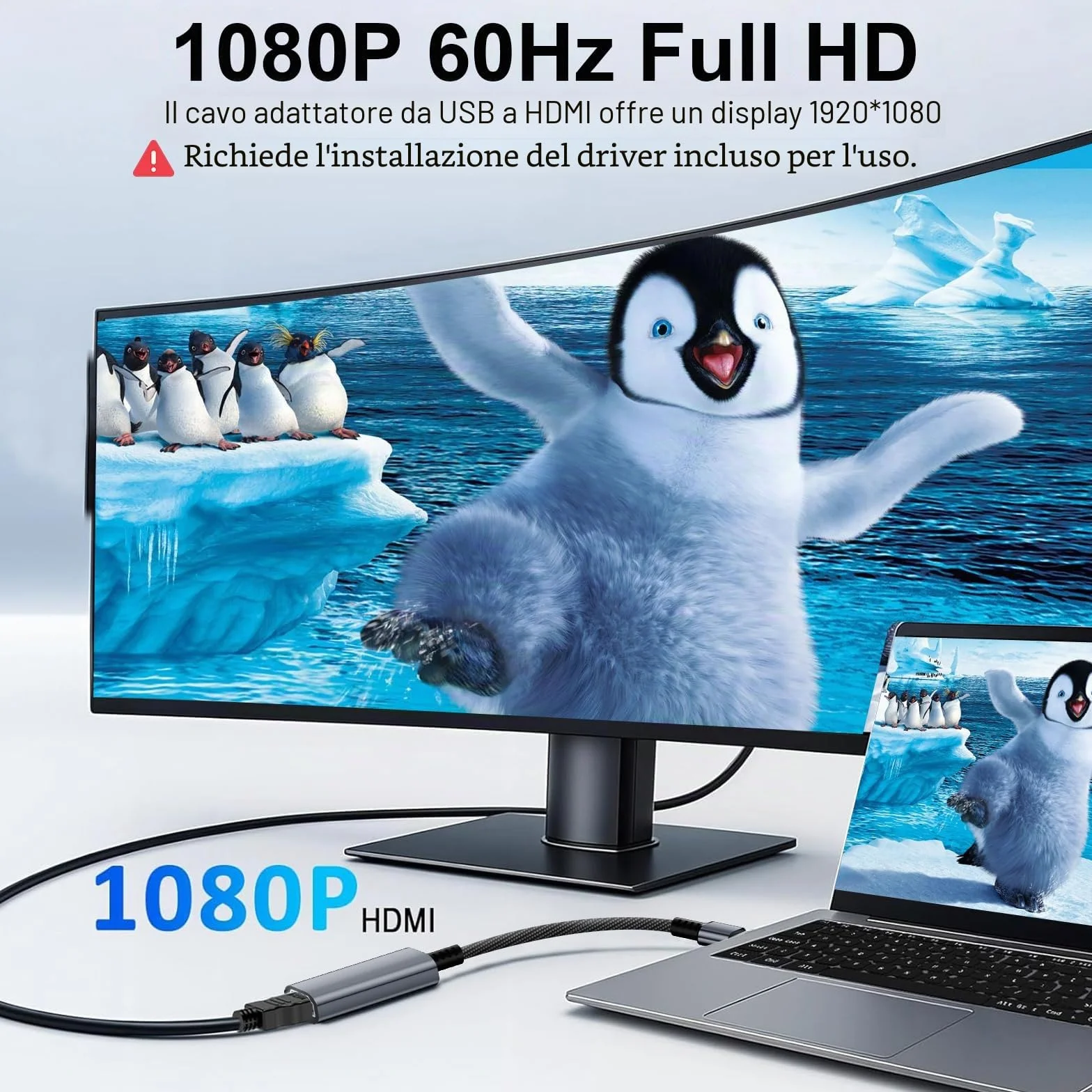 Adattatore da USB a HDMI, 1080P Convertitore da USB-A a HDMI, Adattatore in alluminio, adatto per PC, laptop, monitor, proiettori e TV, Compatibile con macOS e Windows 11/10/8.1/8/7