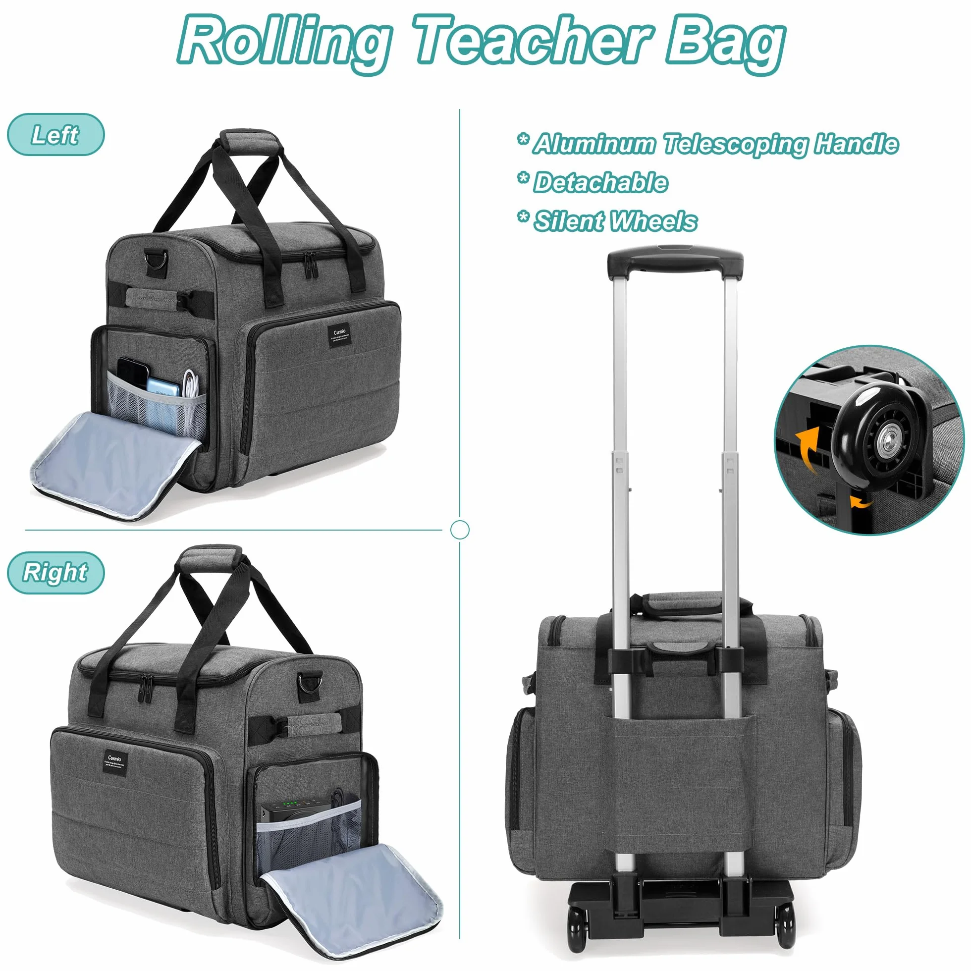CURMIO Borsa da Insegnanti con Rotelle, Scomparto Organizzatore File Espandibile, Grigio