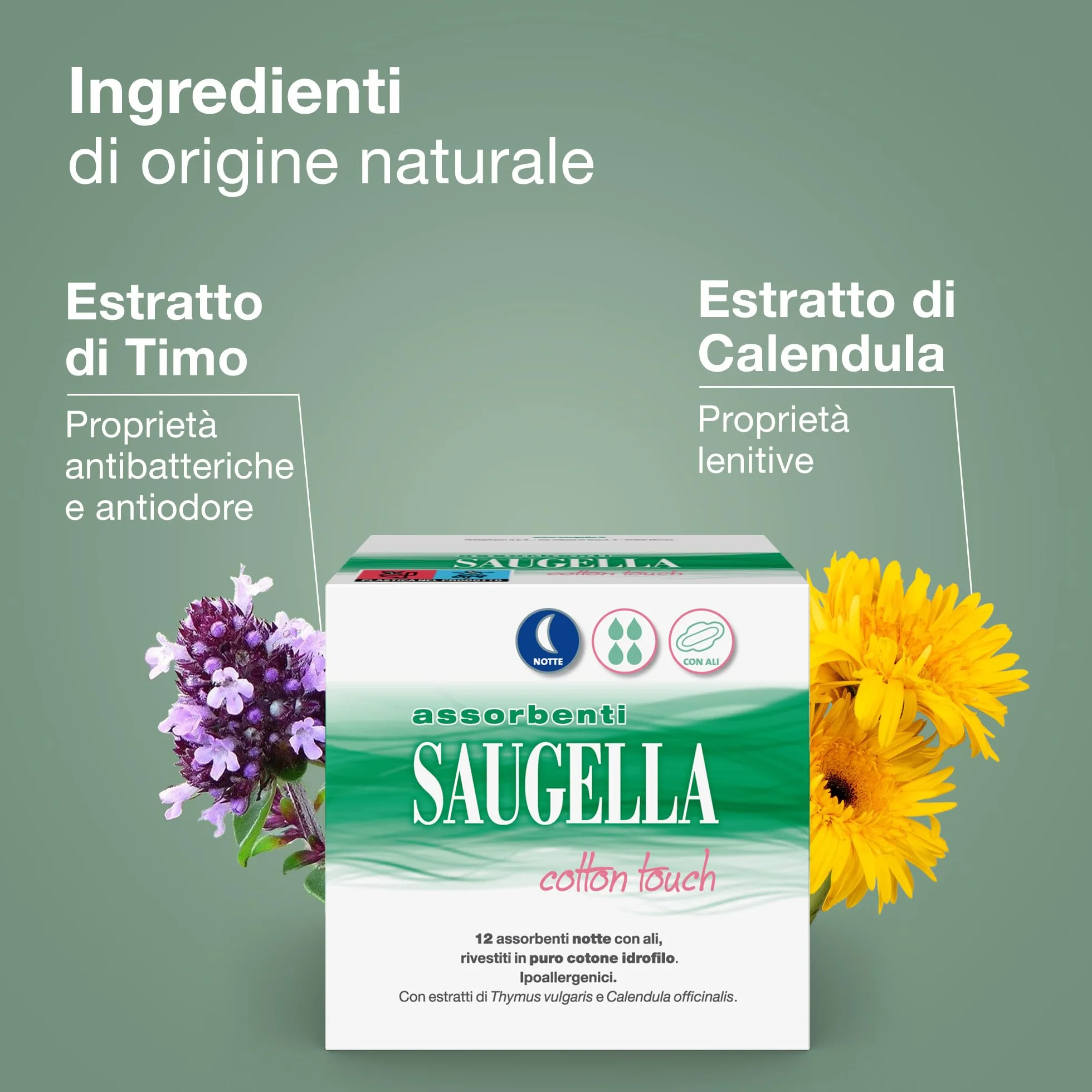 Saugella Assorbenti Cotton Touch Notte 48 sztuk z Ali, Antybakteryjne, Antyodorowe, Łagodzące