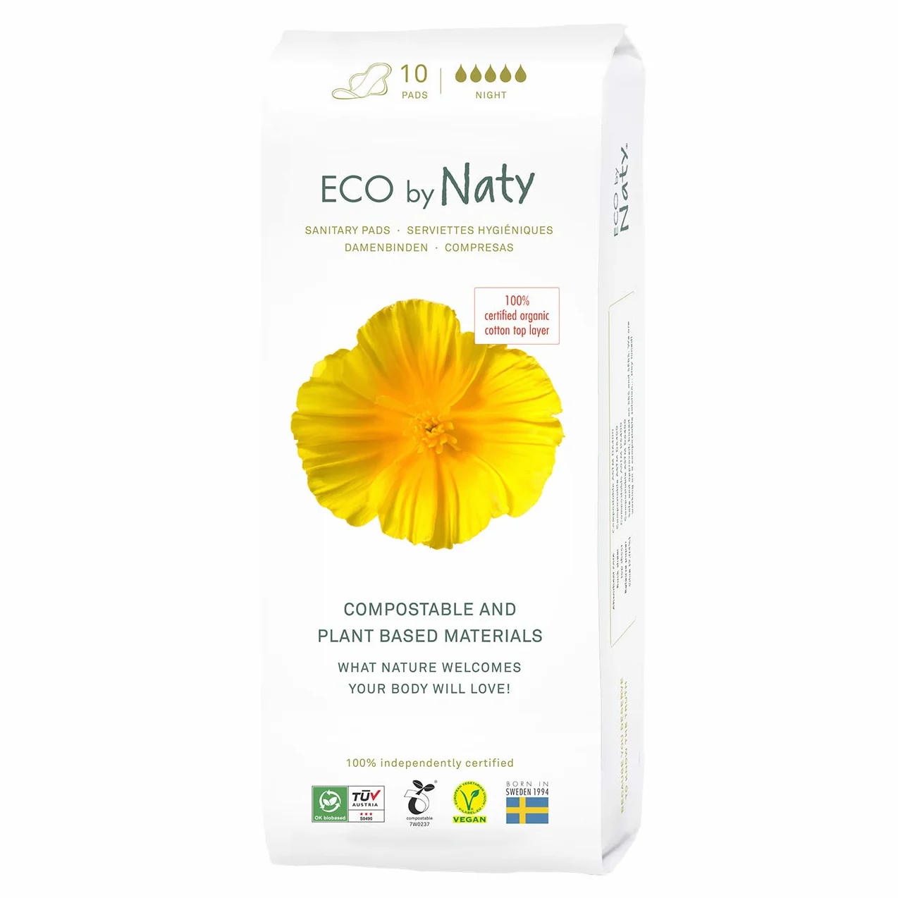 Assorbenti Igienici a Base Vegetale in Cotone Biologico per Donna - Naty Assorbenti NOTTE 10 Unità