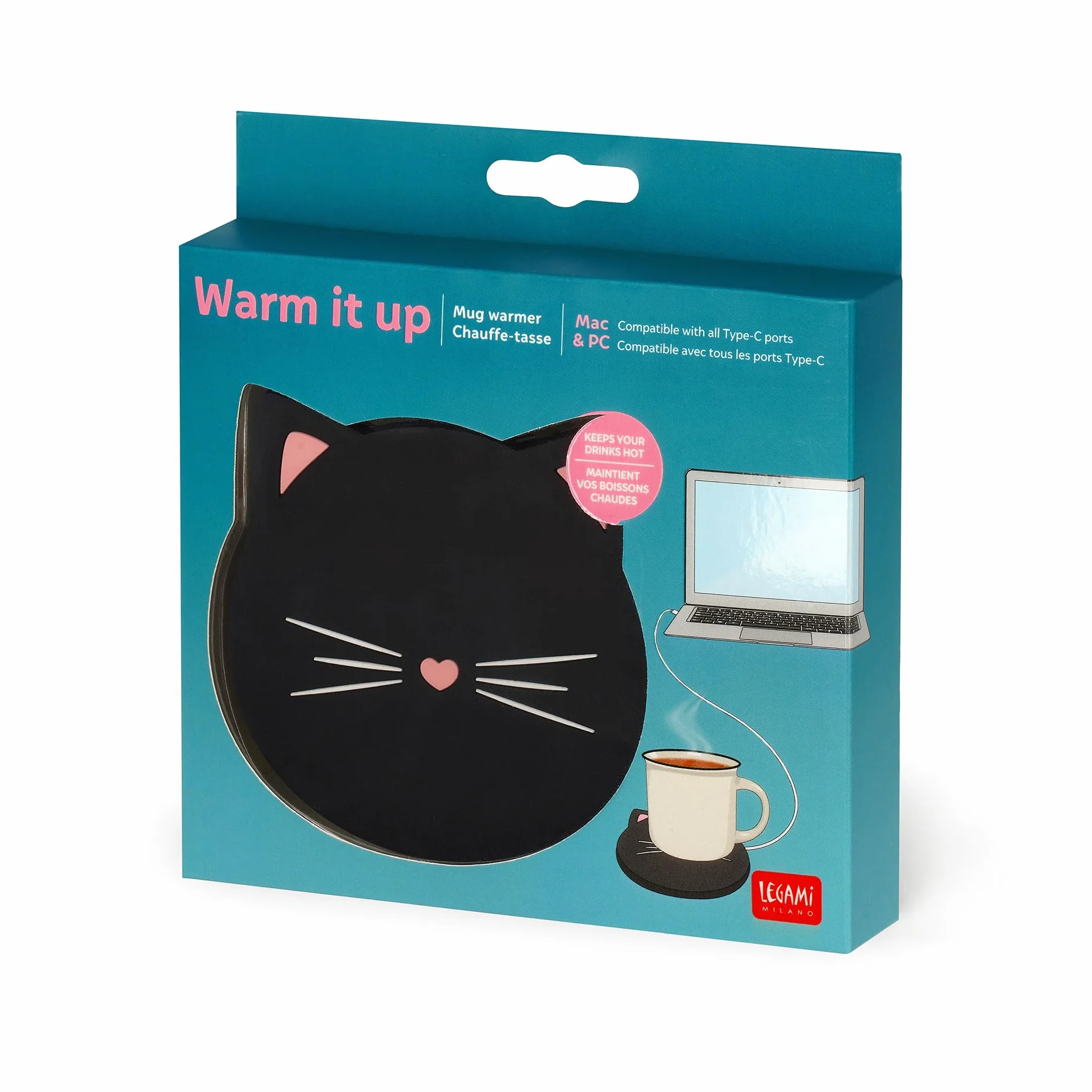 Legami - Scalda tazza, Warm it up, Tema Kitty, Cavo Type-C, 10 x 10 cm, in vinile, ideale per tazze e bicchieri con fondo piatto