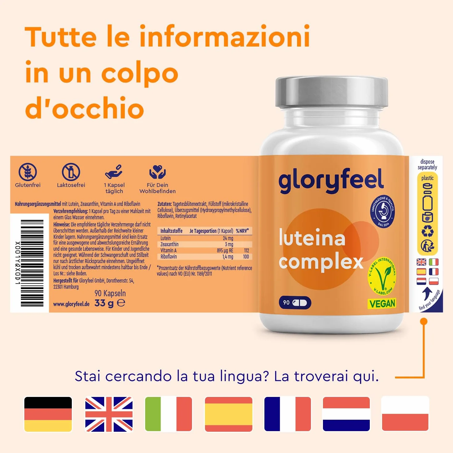 Luteina e Zeaxantina Capsule 90 Capsule Integratore Occhi con Vitamina A & Riboflavina Alto Dosaggio Vegan