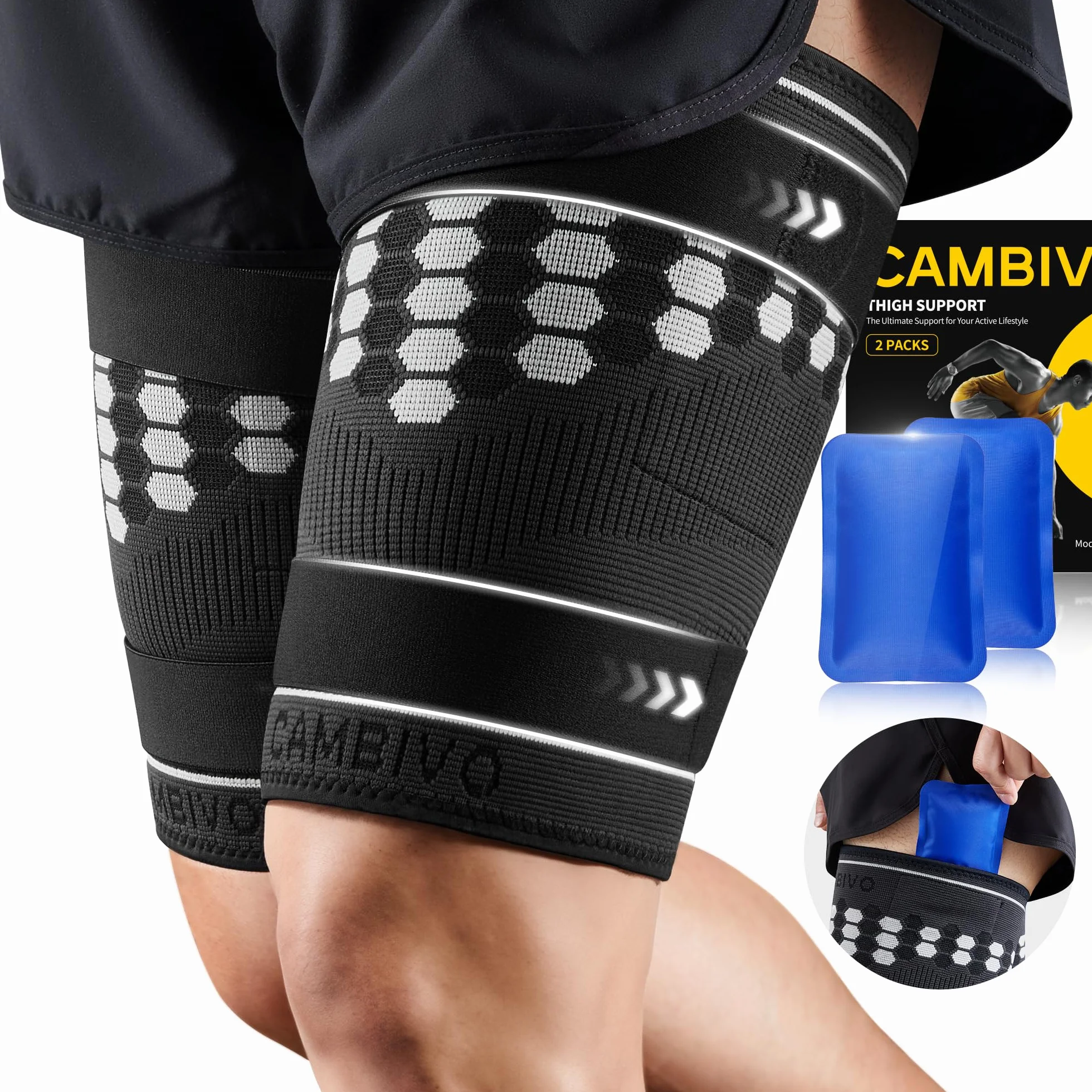 CAMBIVO Fascia Elastica Coscia Uomo Donna x2, Cosciera per Strappi Muscolari, Supporti Coscia con Gel Freddo Caldo