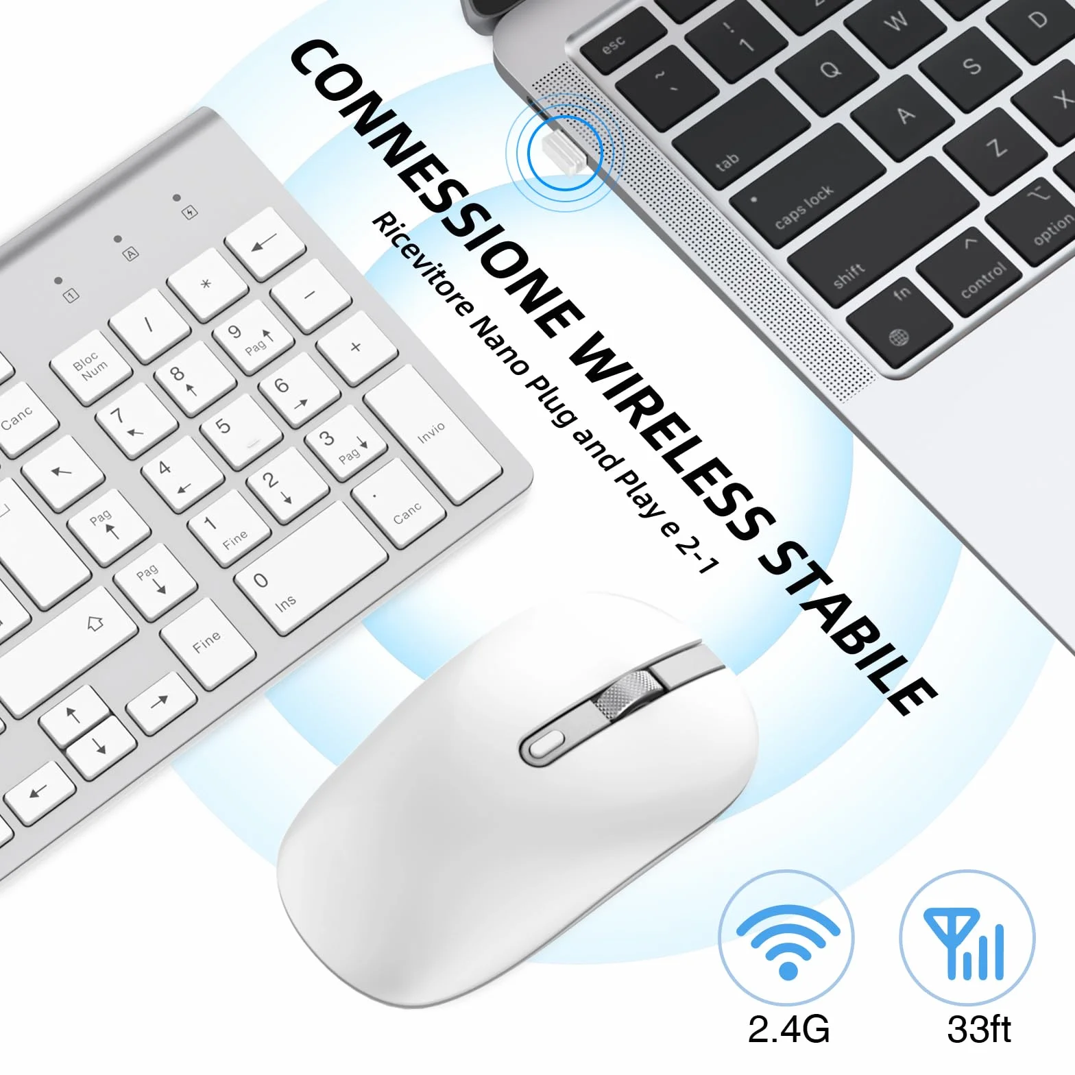 cimetech Tastiera e Mouse Wireless, Layout Italiano QWERTY, Tastiera Ultra-Sottile ‎Ergonomico Full-Size 2.4Ghz Wireless Mouse Tastiera Numerico con Ricevitore Nano per PC/Laptop/Win7/8/10（Argento）
