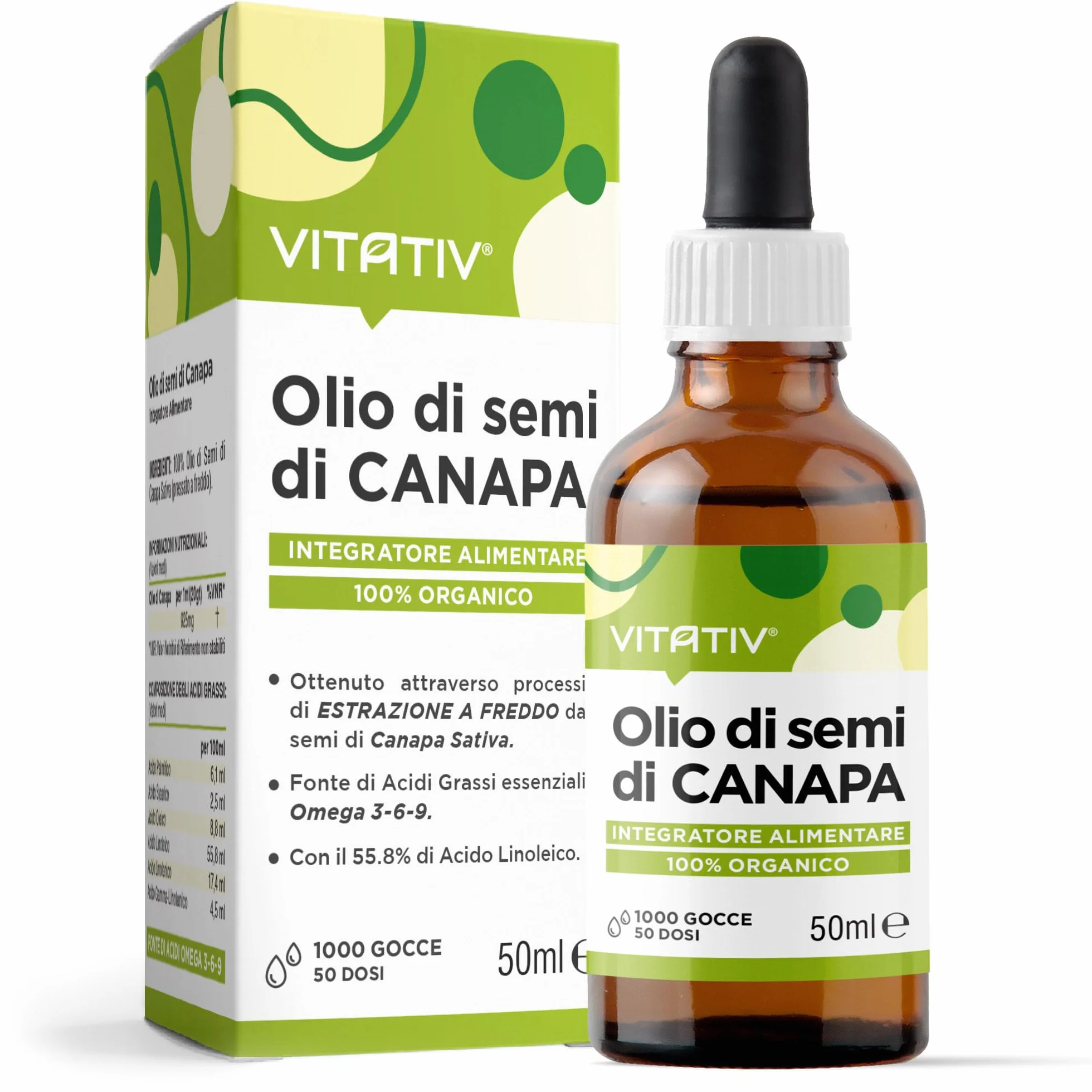 Olio di Canapa Puro 50ml Fonte Vegana di Omega 3 6 9, Vitamine e Minerali - Olio di Semi di Canapa Pressato a Freddo